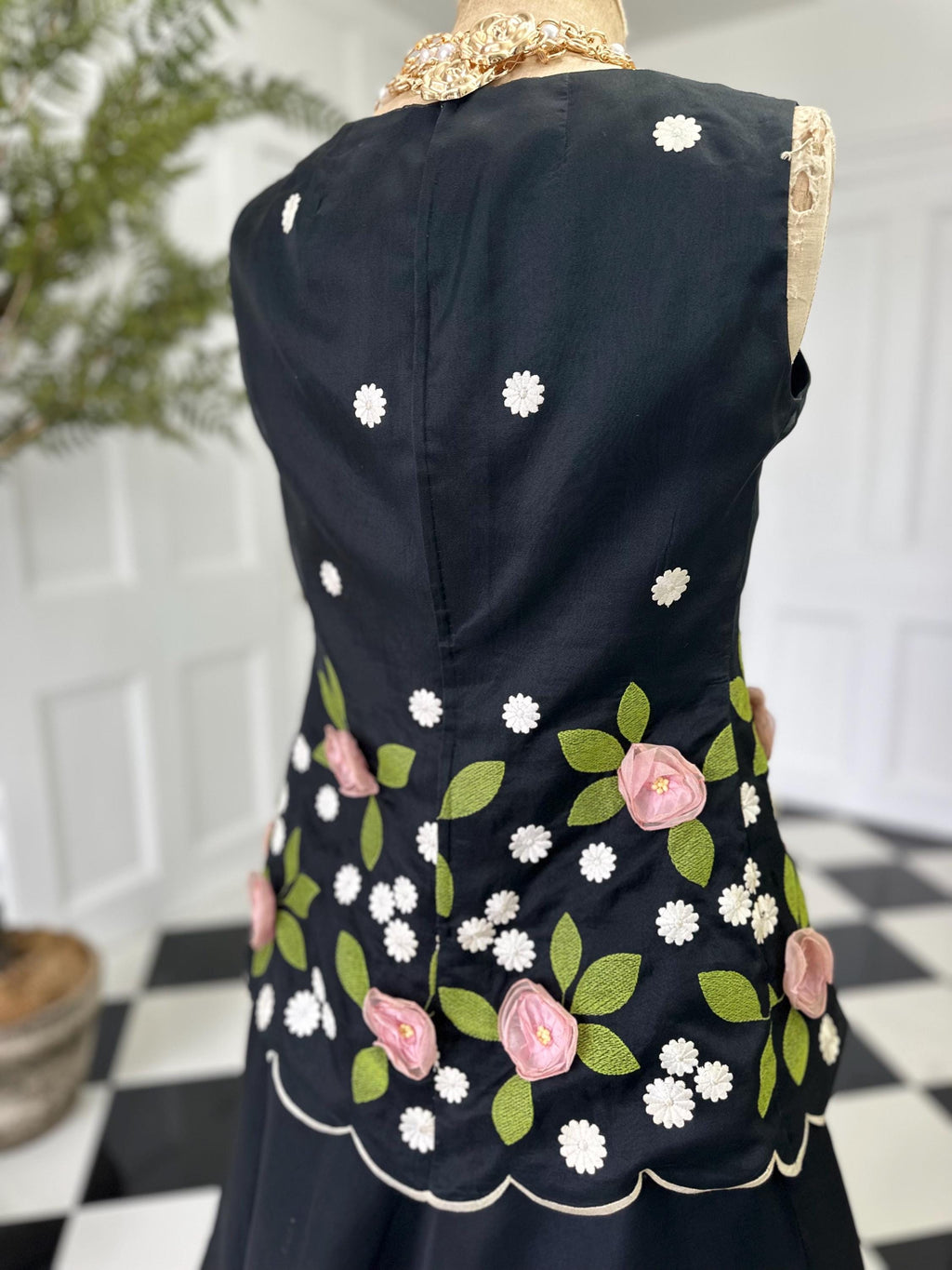 Vintage 1950s silk organdie 2 piece set 3D floral blouse with tiered skirt