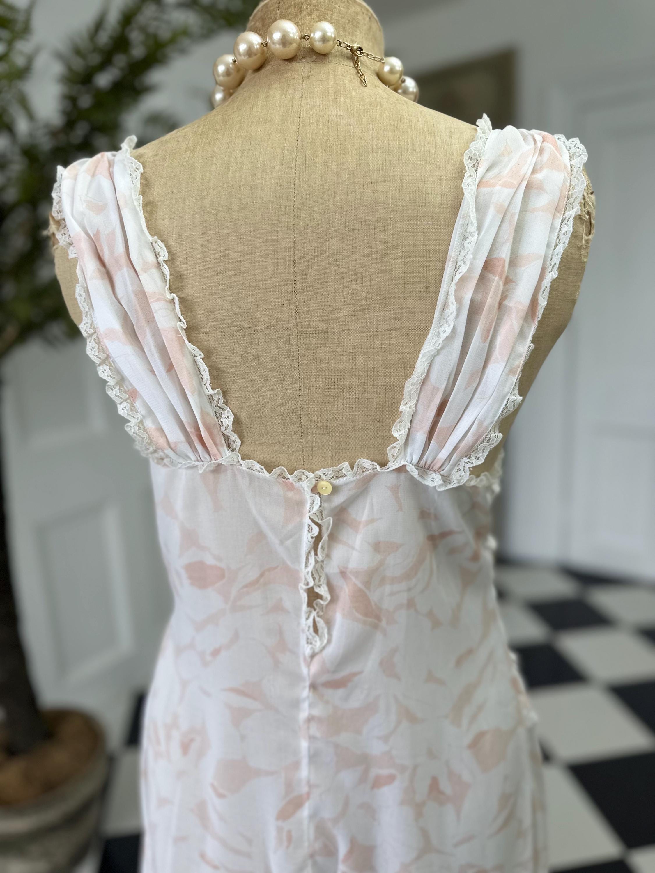 Vintage Chiffon Lightweight Slip Dress with Lace Ruffle Front – White and Peach Details