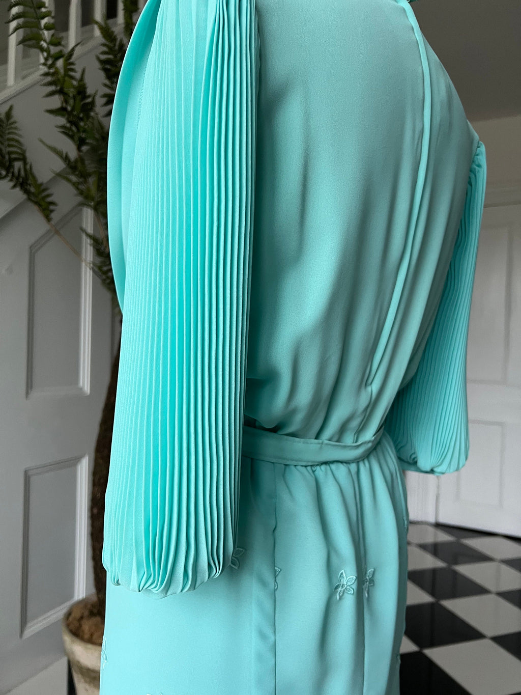 1980s Turquoise Pleated Dress: Vintage Embroidered Hem