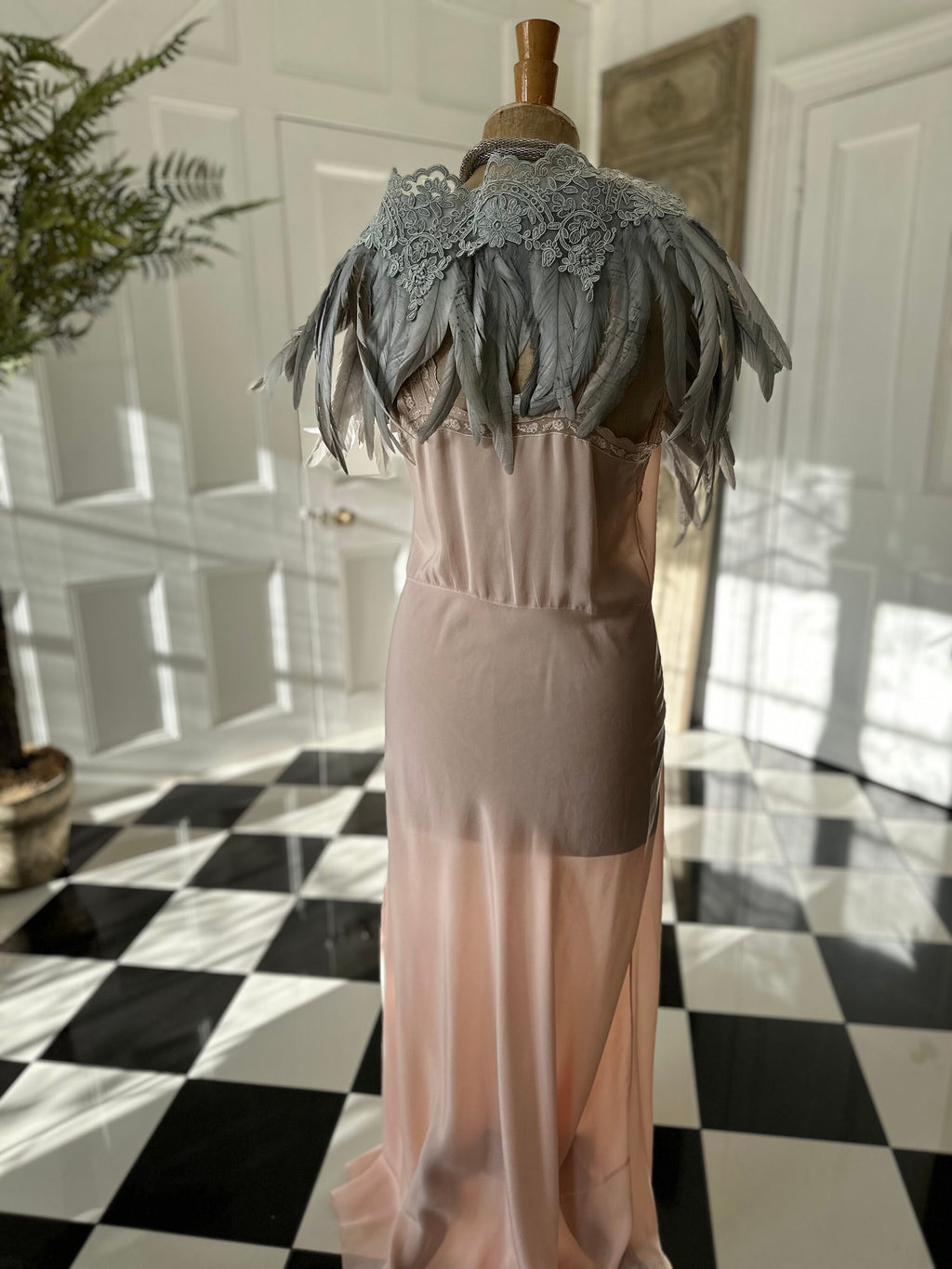 1920s 1930s Vintage style grey feather and lace cape bolero