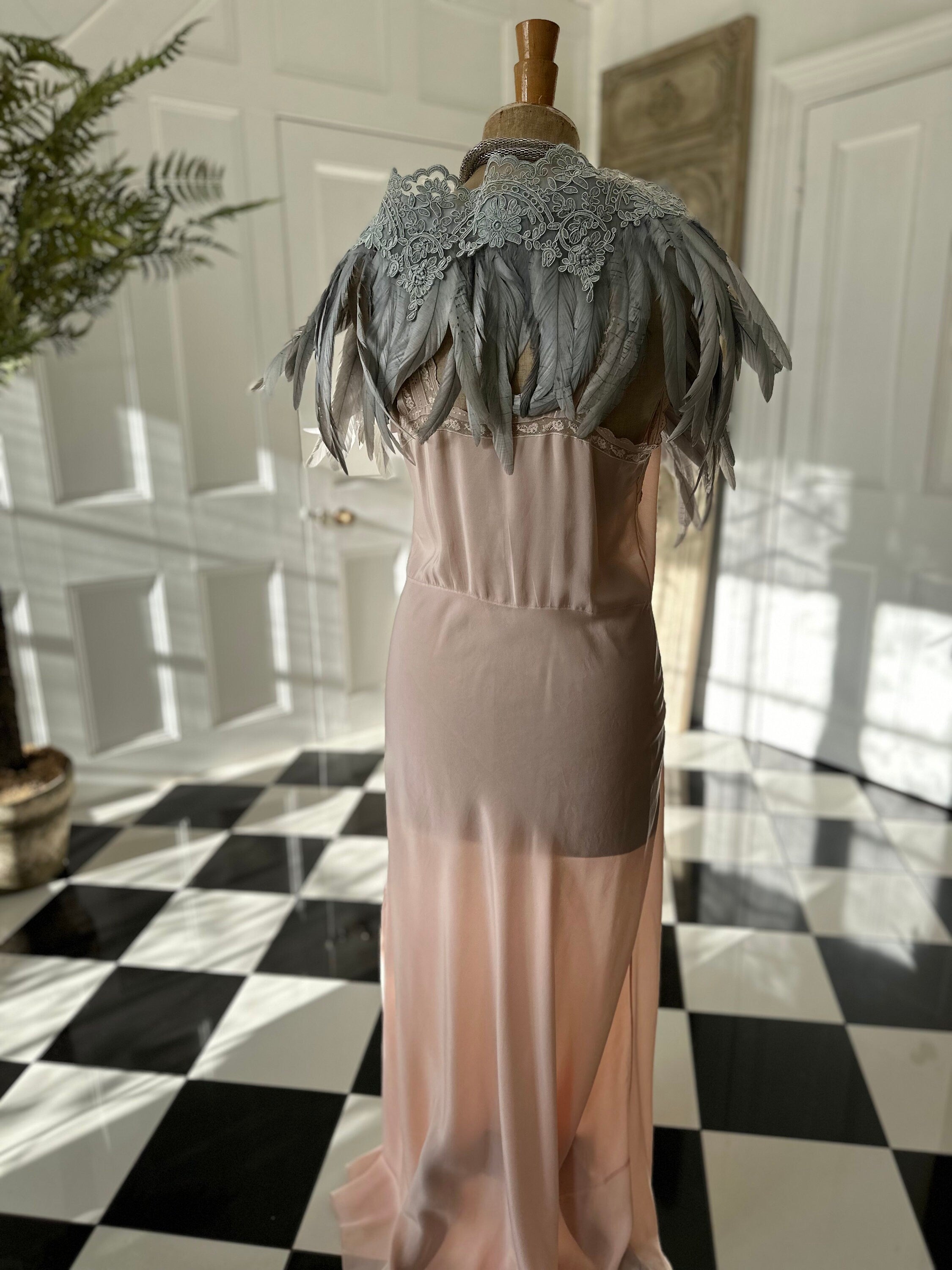 1920s 1930s Vintage style grey feather and lace cape bolero