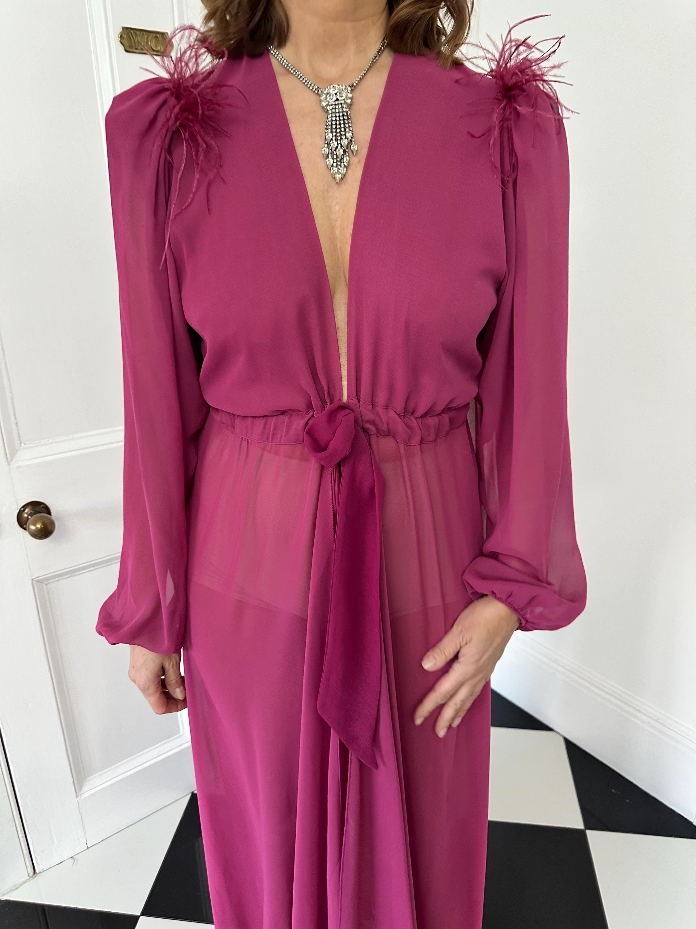 Vintage 1940s style pink maxi gown robe with ostrich feather