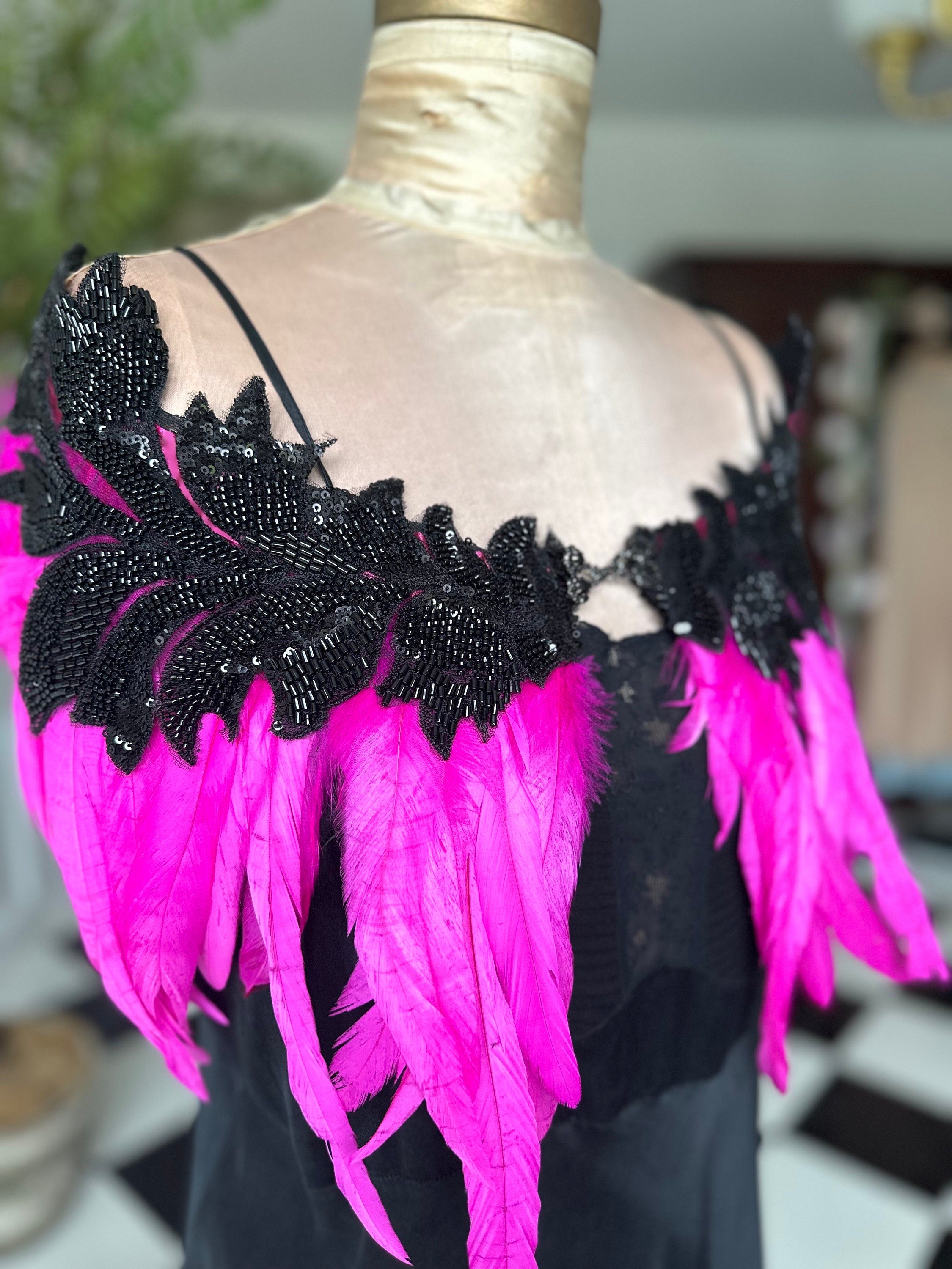 1930s vintage style hot pink cerise pink feather cape  with black embellishment