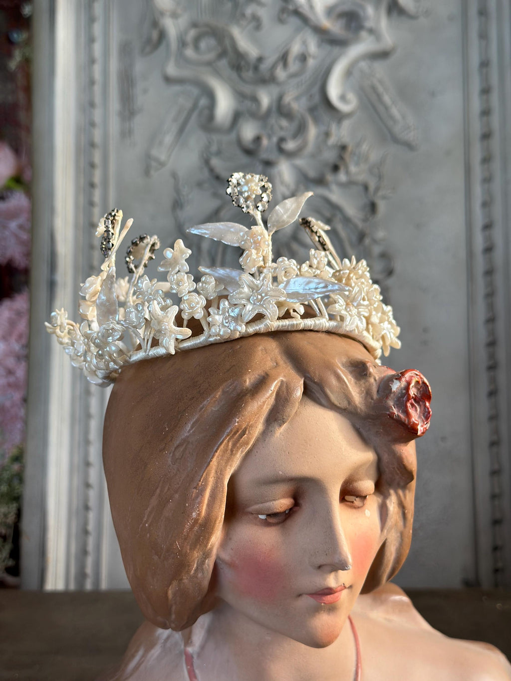 1910s 1920s Wax Elegant Handcrafted flowers and Crystals wedding Tiara