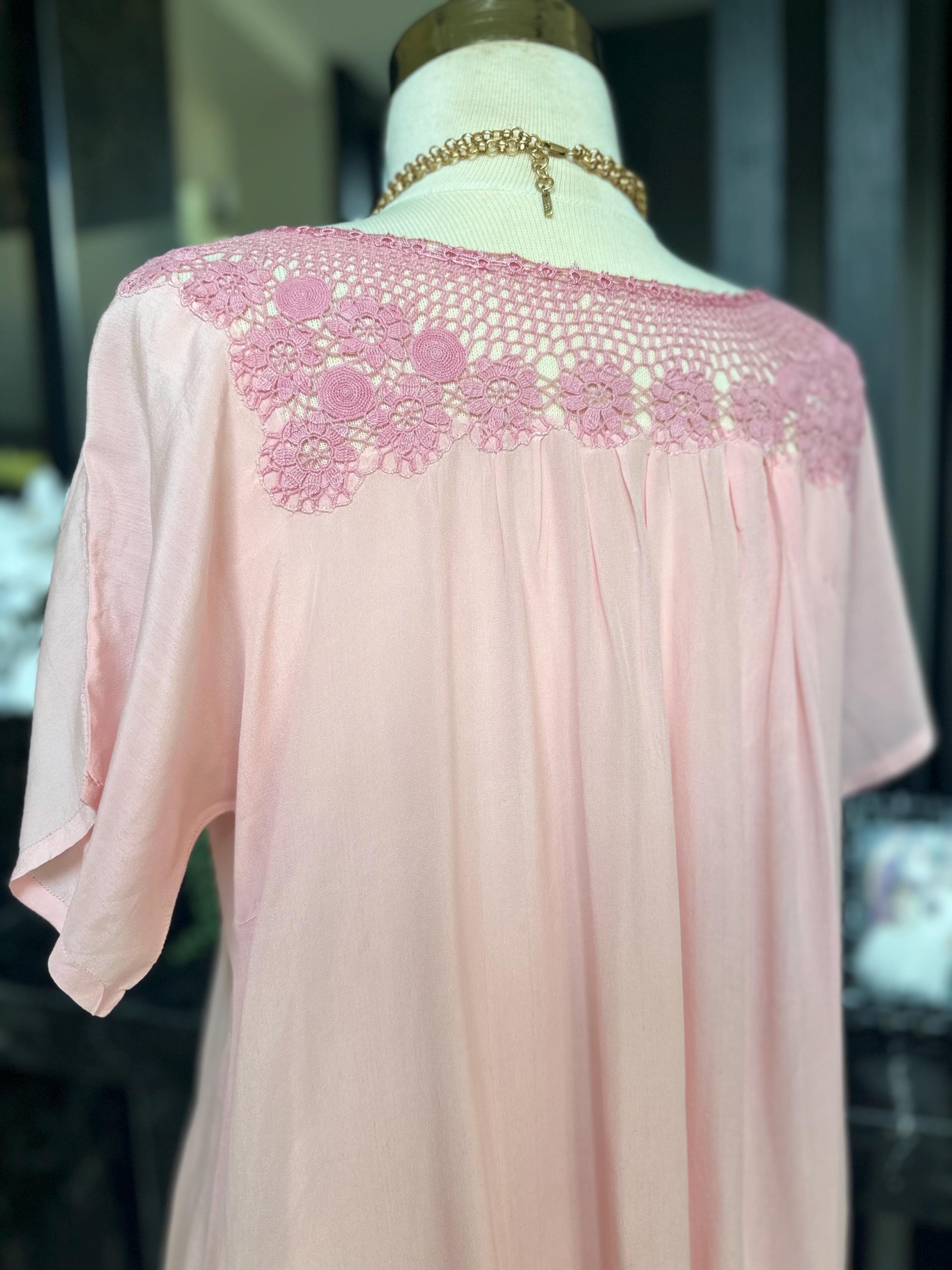 1940s Pink Silk Maxi Dress – Embroidered Crochet Neckline, Flutter Sleeve Gown