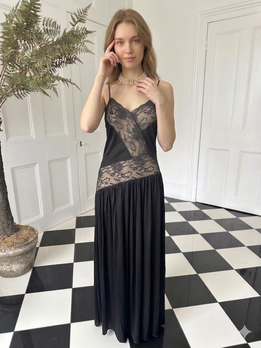 Vintage 1950 black lace slip dress lingerie
