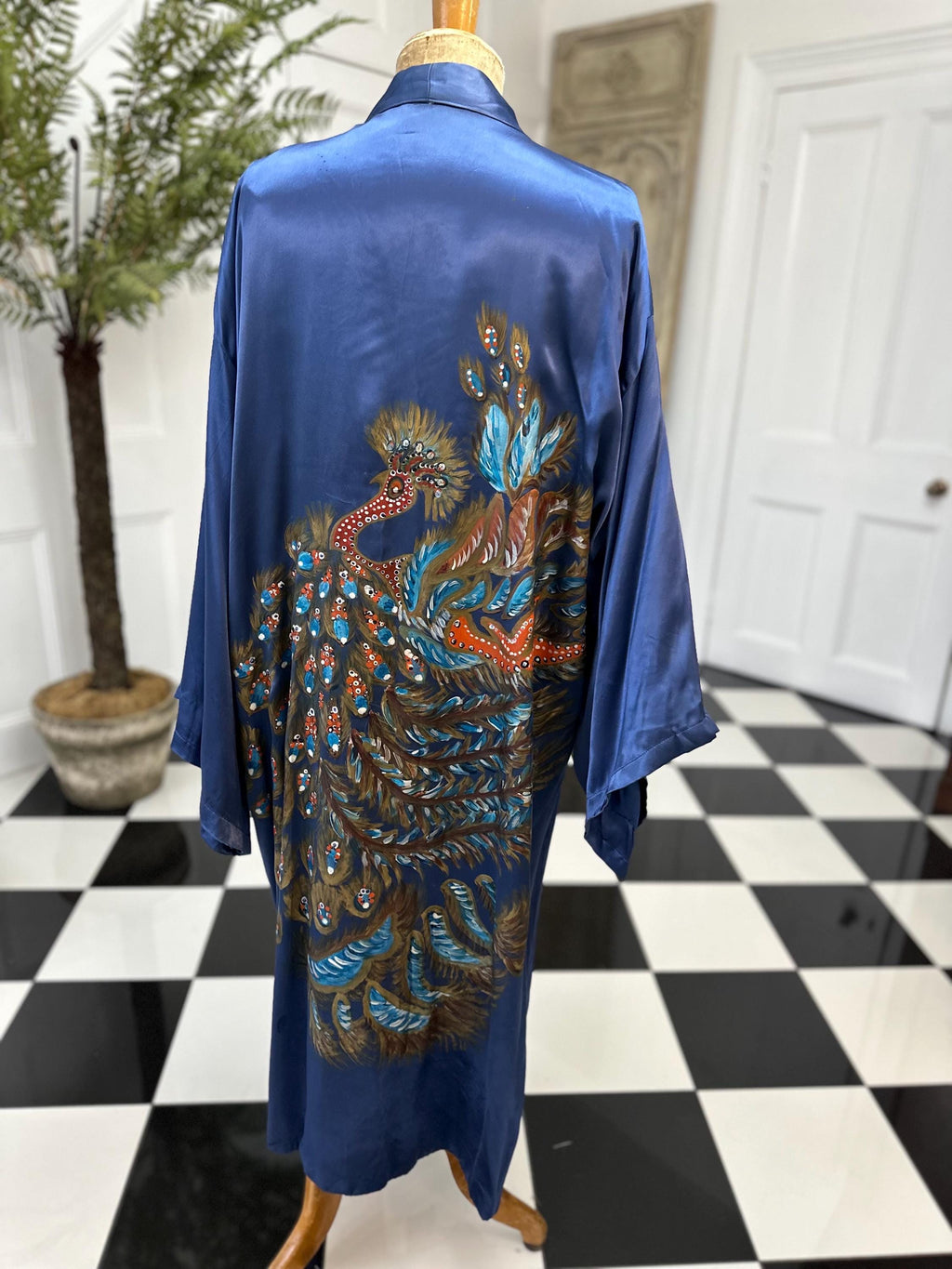 1970 Blue satin hand painted peacock design