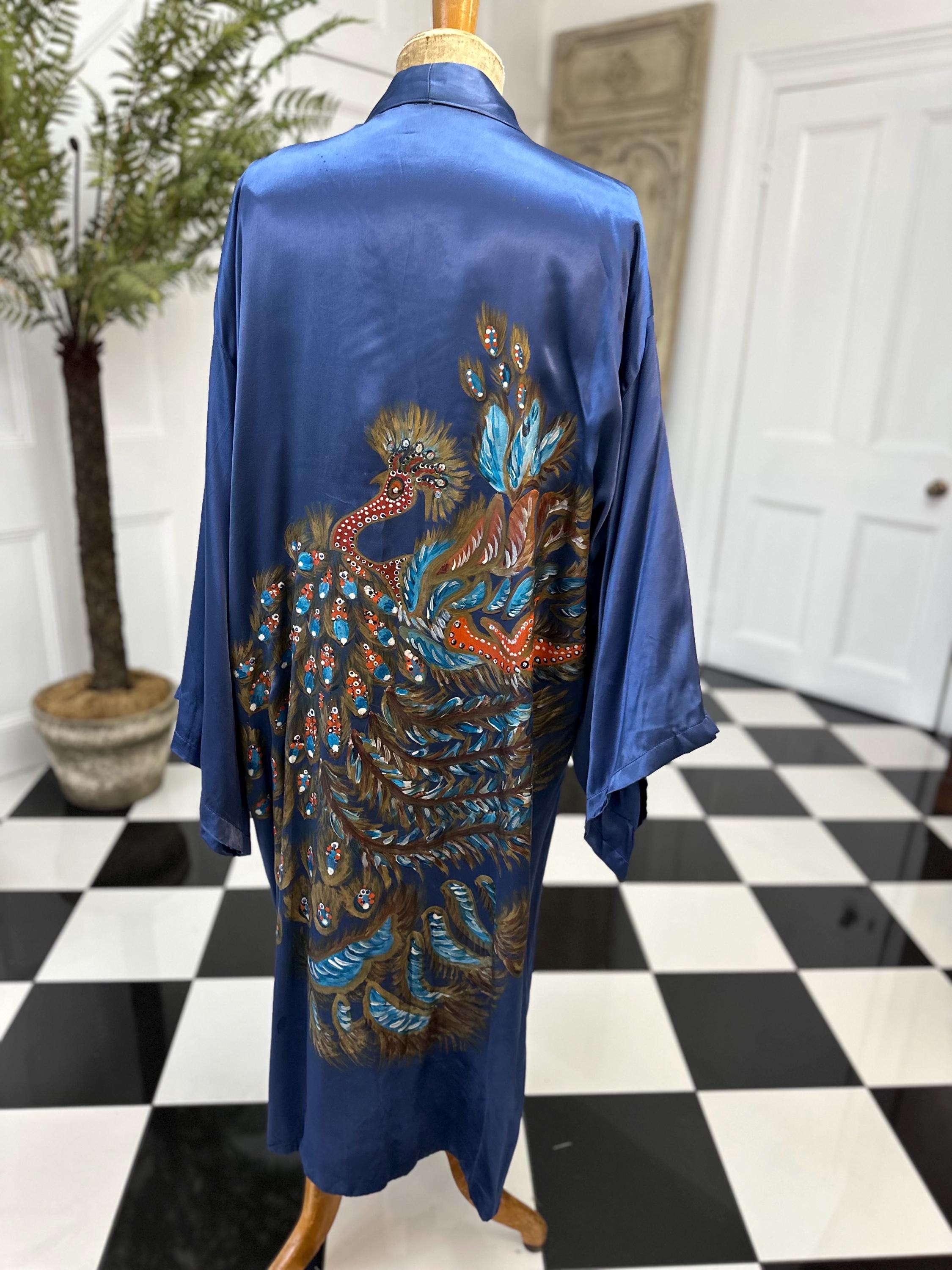 1970 Blue satin hand painted peacock design