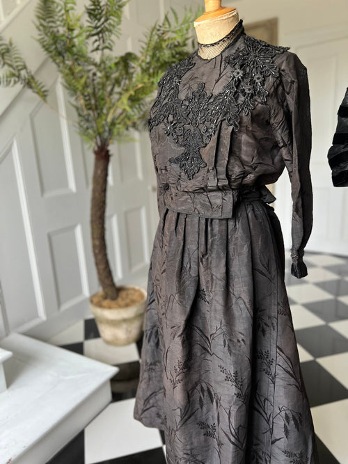 1890s  Victorian black silk embellished bodice and skirt