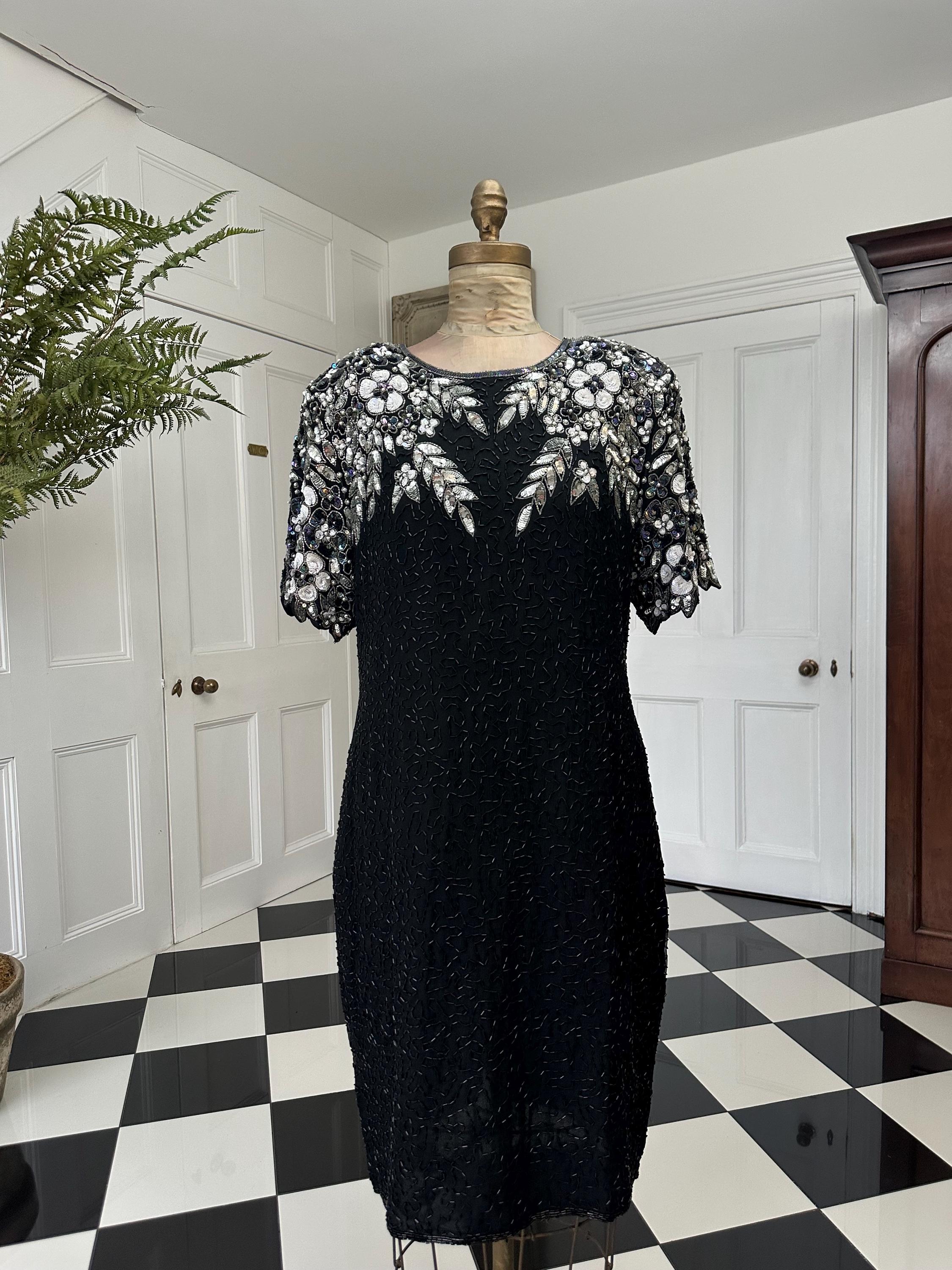 1980s black and silver beaded black tie party dress