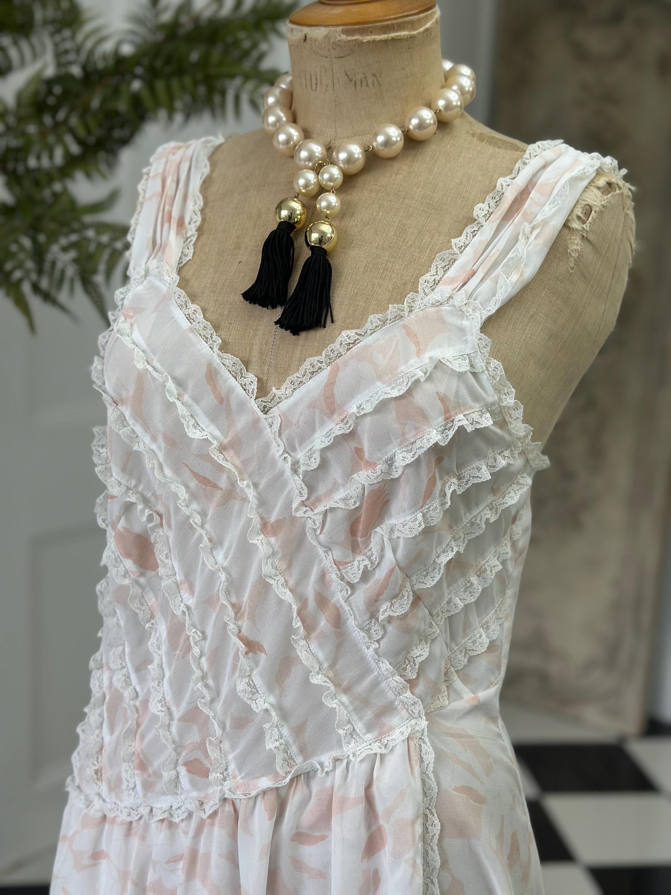 Vintage Chiffon Lightweight Slip Dress with Lace Ruffle Front – White and Peach Details