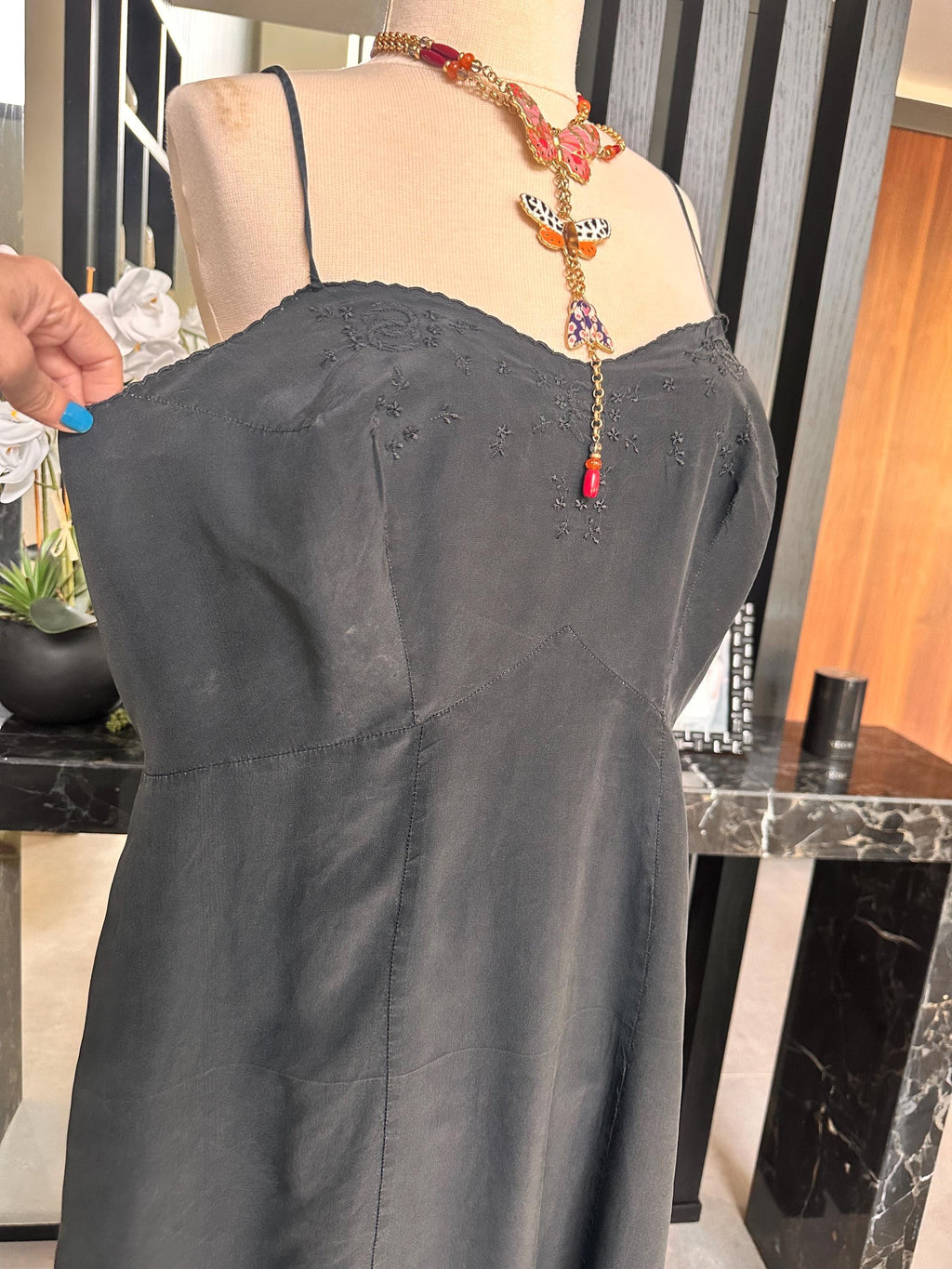 1940s Washed Black Silk Slip – Art Deco Waist, Embroidered Bust, Midi Length