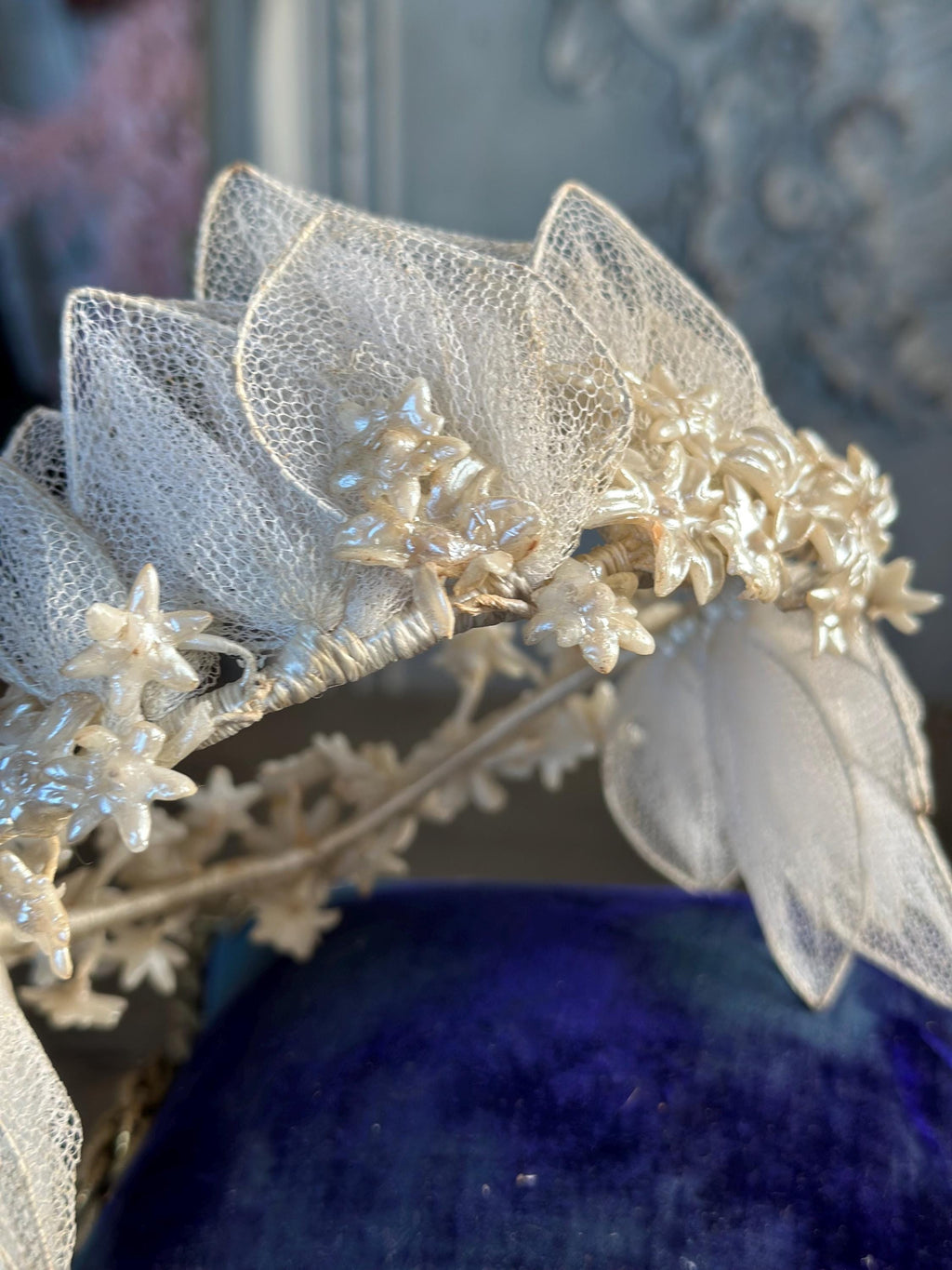Antique 1940s  Floral Wax Tiara with tulle