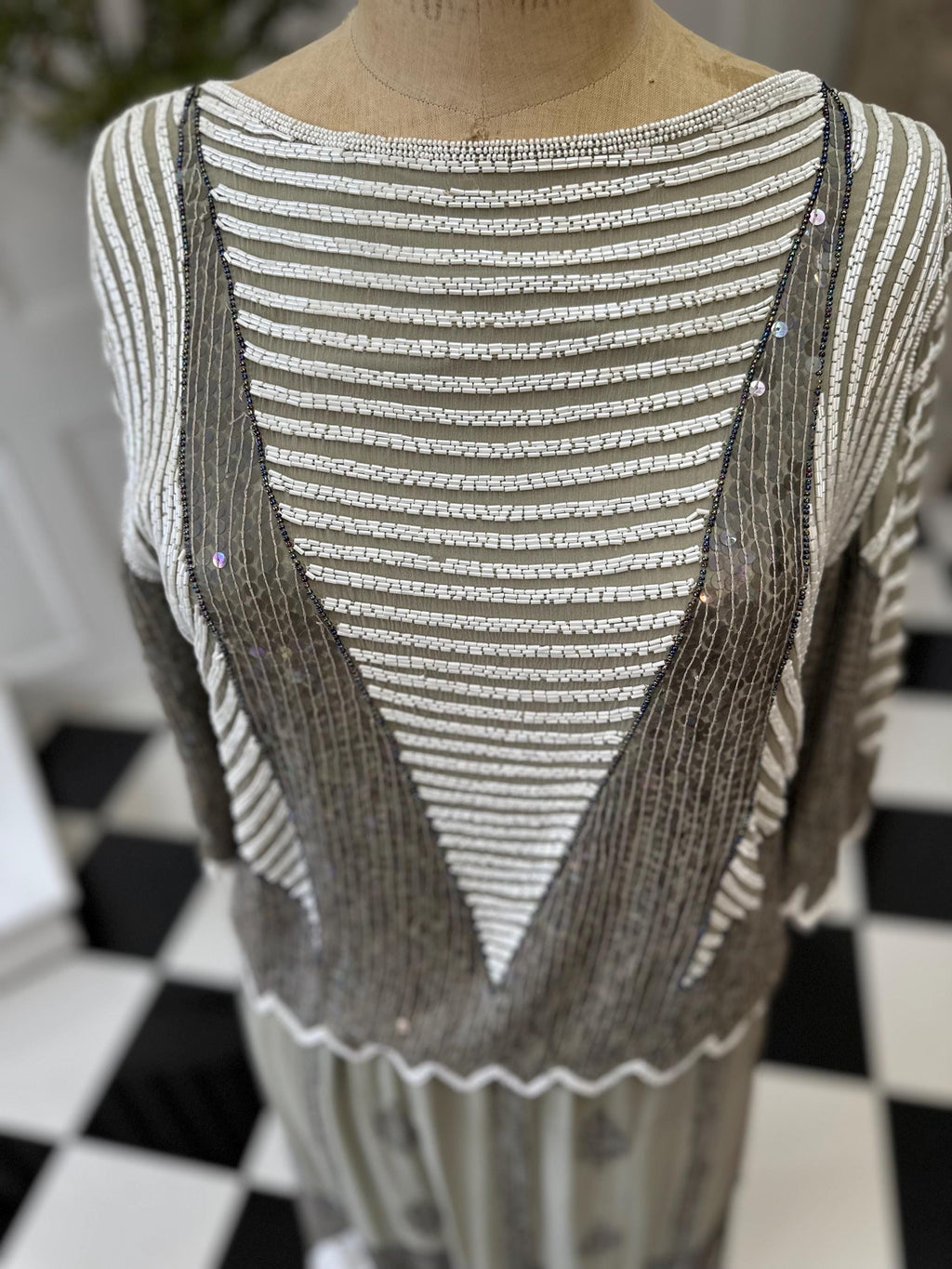 Vintage sage green and white sequin top and skirt