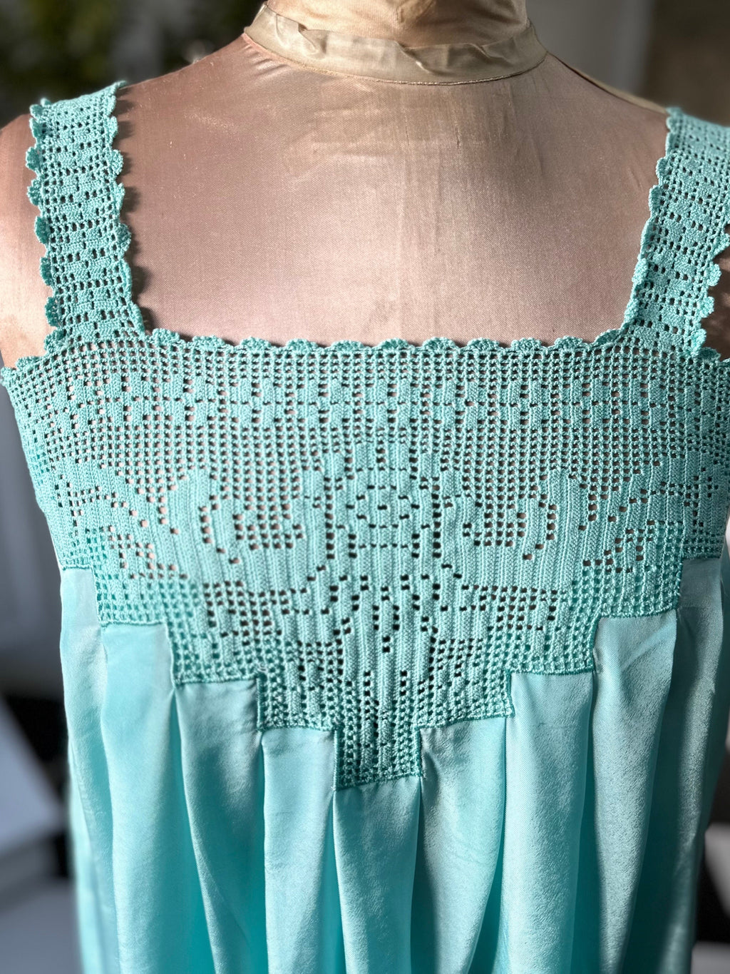 Vintage 1970s loose silky long slip dress hand crochet lace details