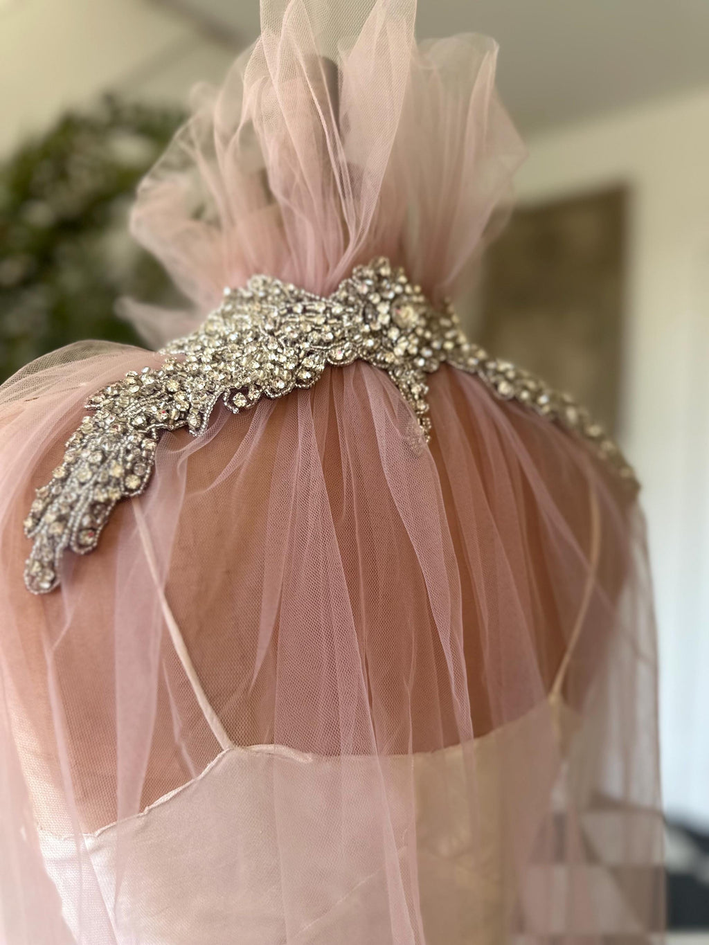 Handmade Vintage embellished soft Tulle Cape in old rose pink