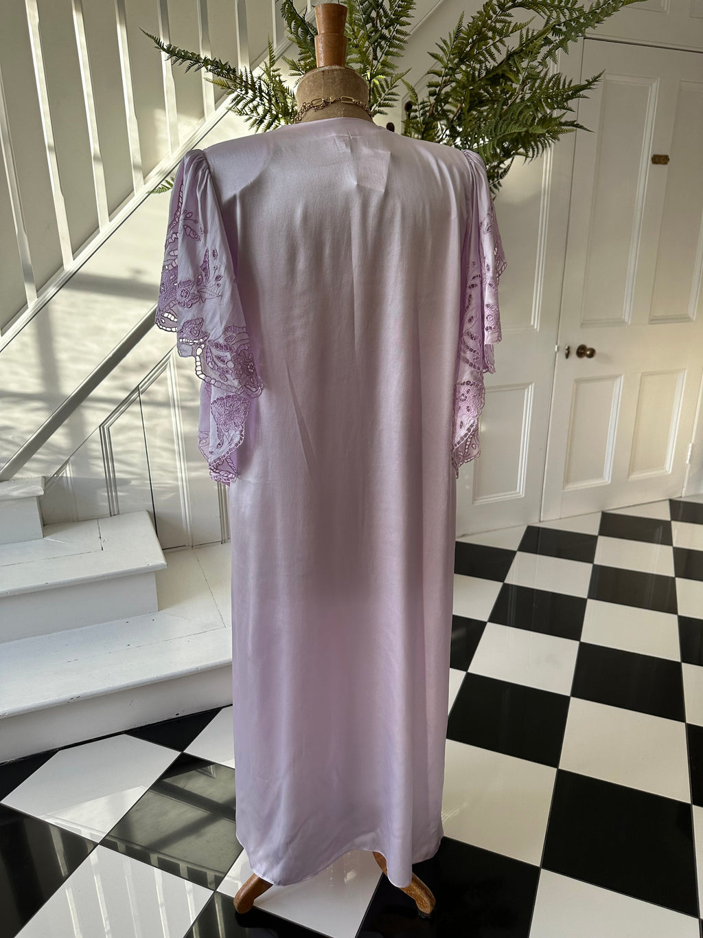 Vintage Lilac Satin Peignoir: 1980s Cutout Lace Robe