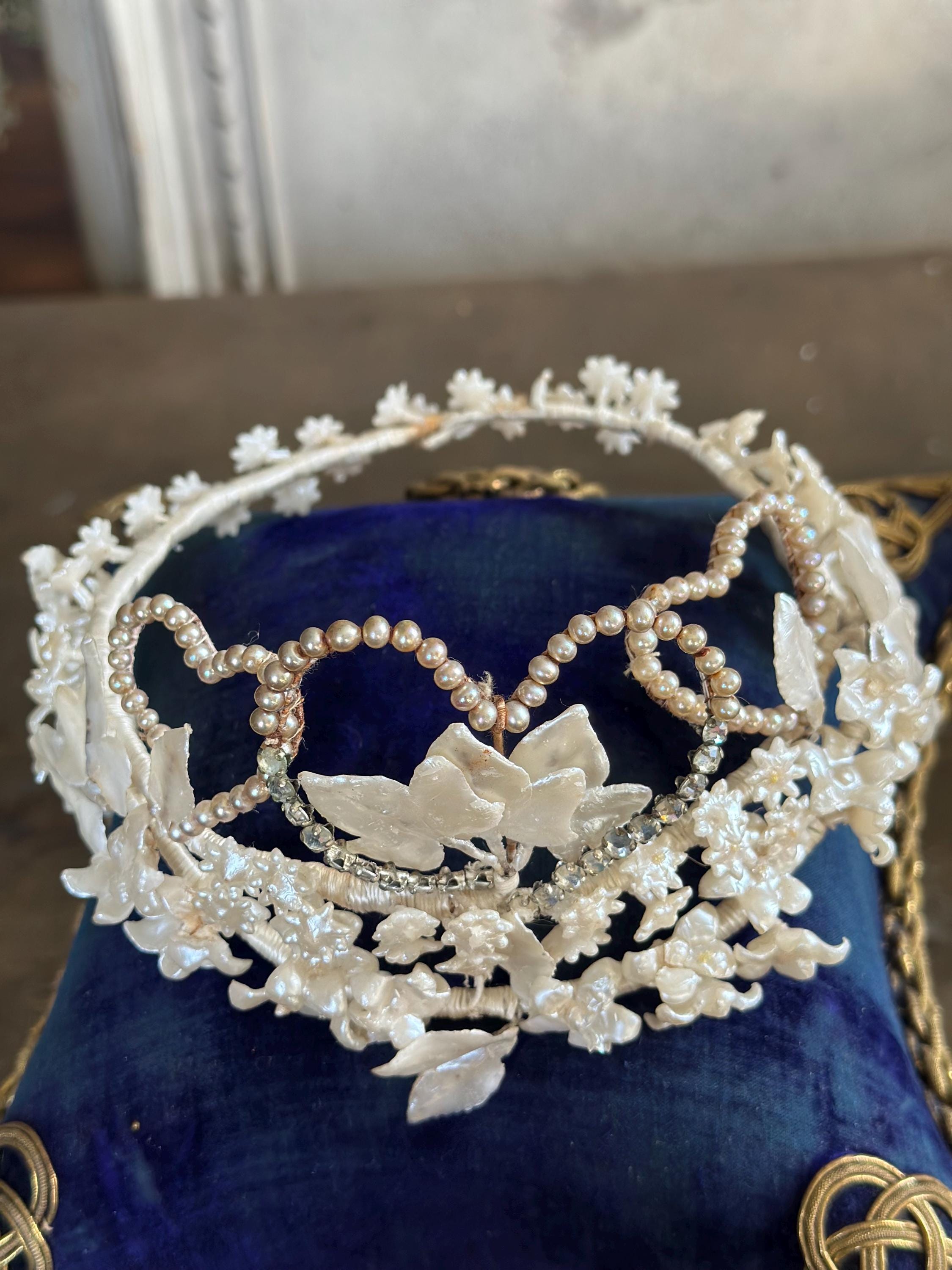 Vintage Floral Wax Tiara with Heart Accents 1930s 40s