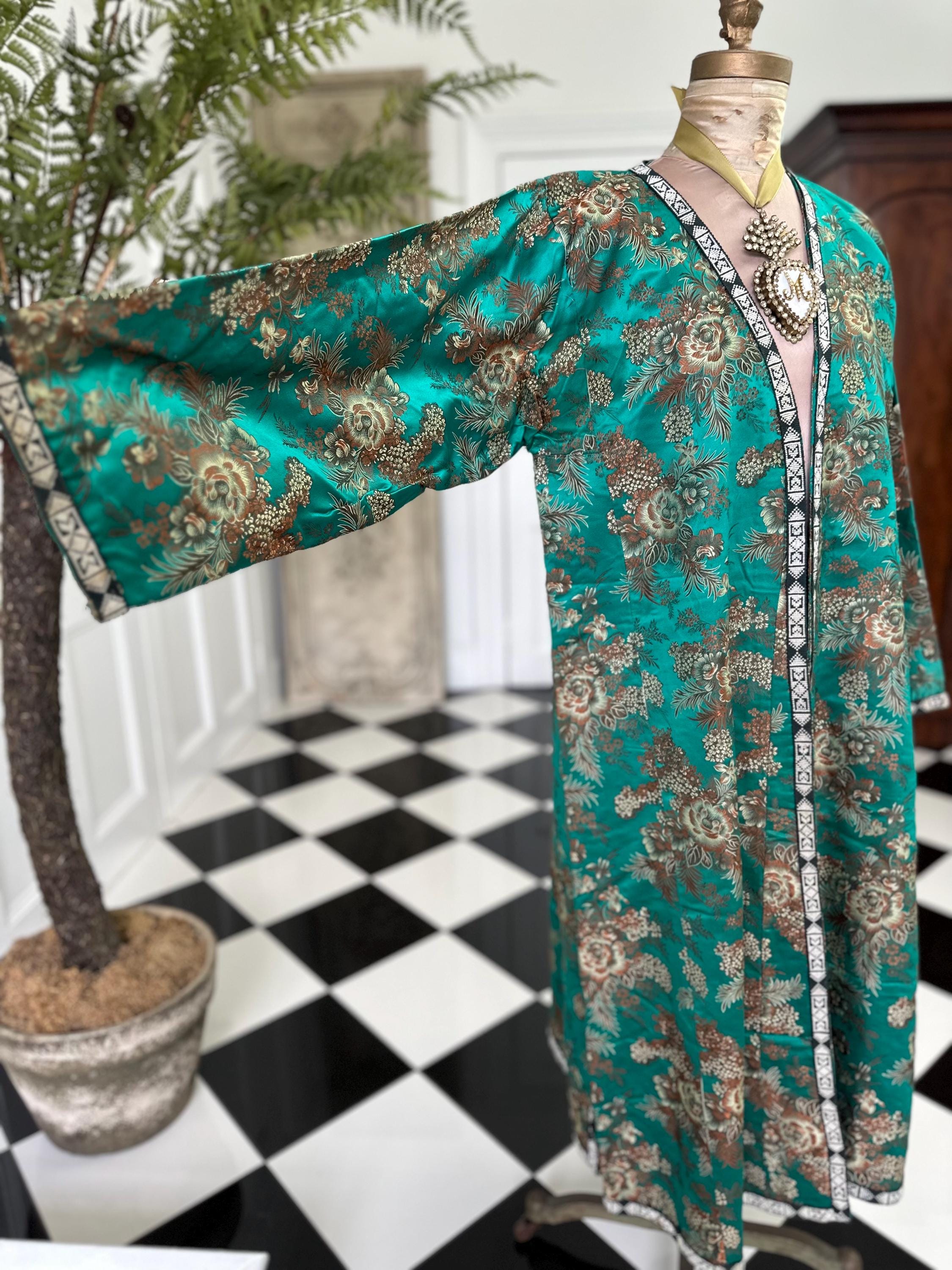 Antique Brocade Emerald Green Robe from the 1900s