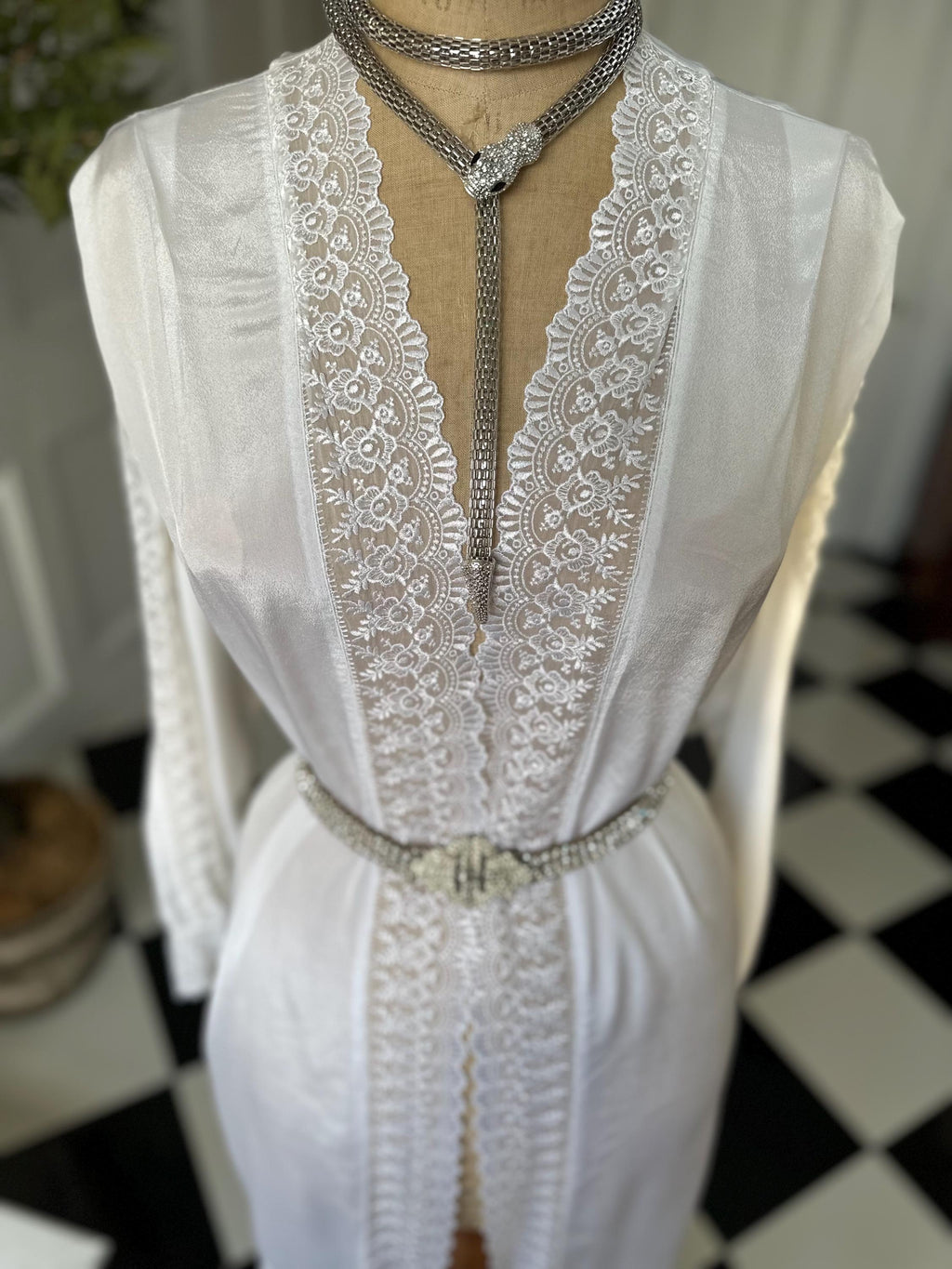 1970s Silky white long gown with lace details
