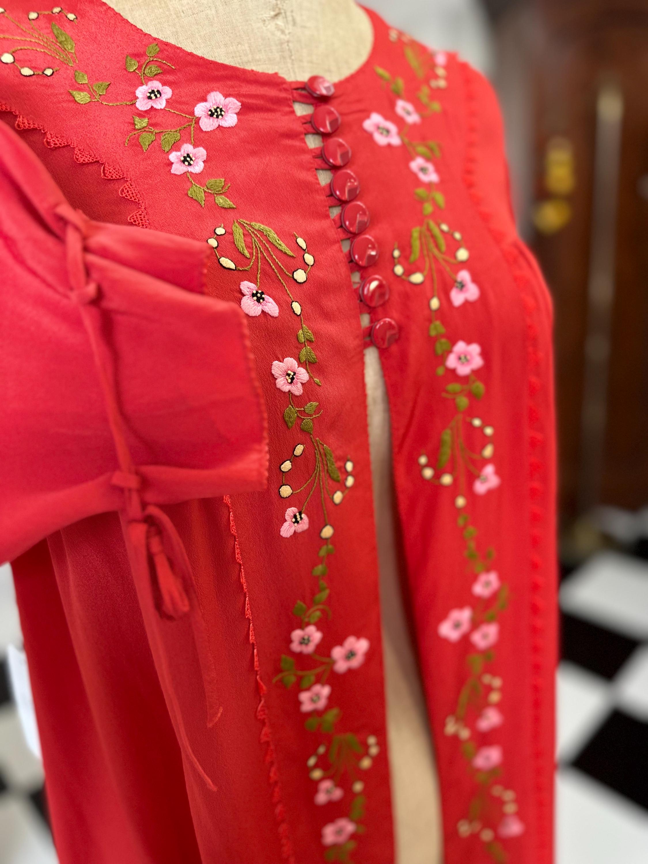 1940s Silk red house coat dressing gown with silk embroidery to the front