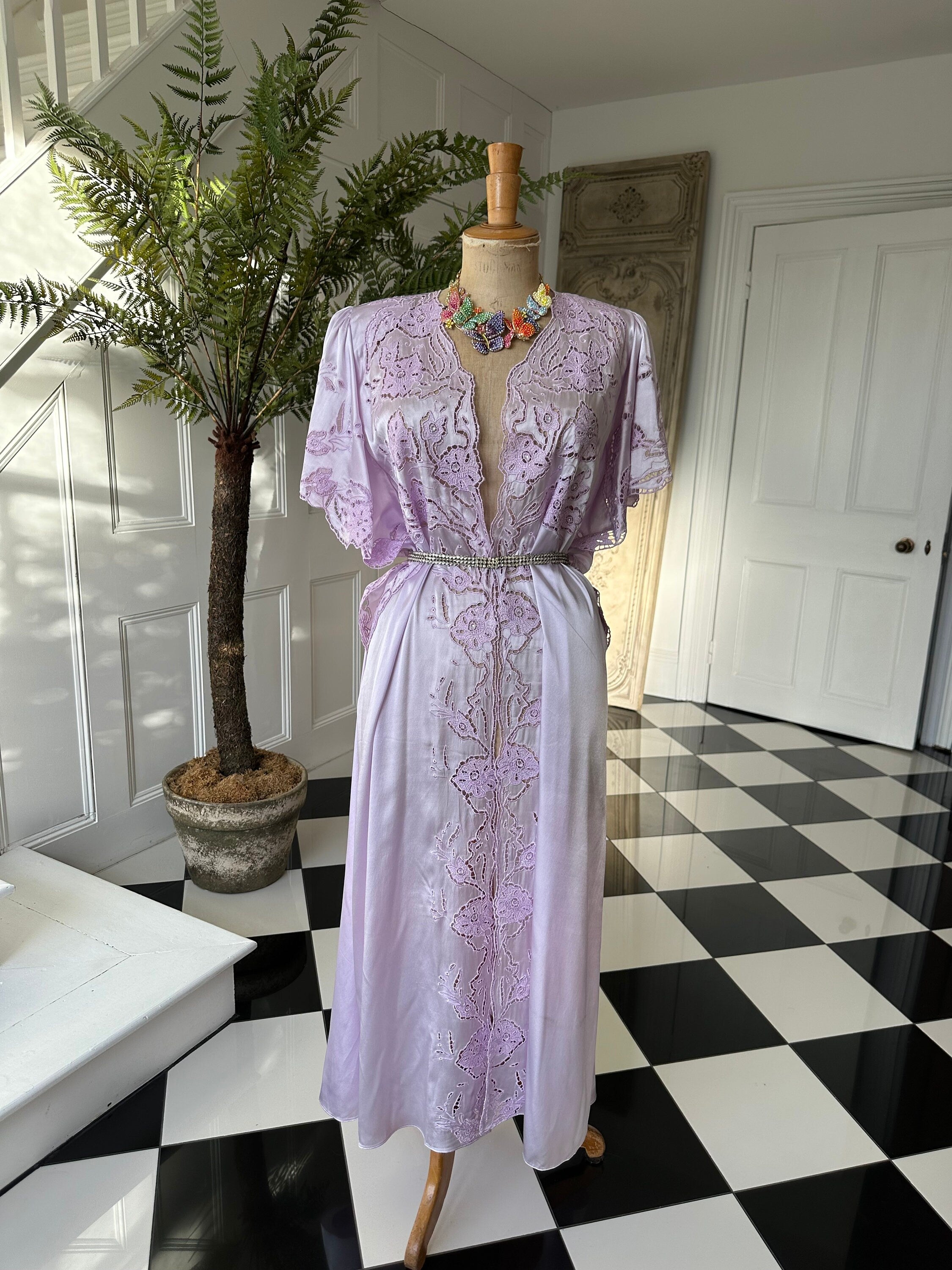 Vintage Lilac Satin Peignoir: 1980s Cutout Lace Robe