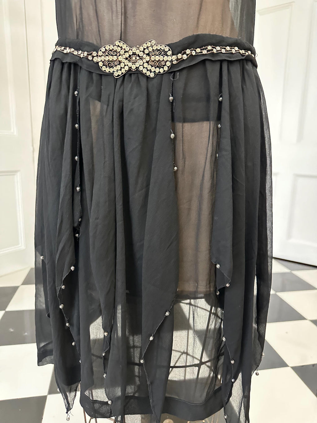 1920s Black sheer dress with diamond waistline details