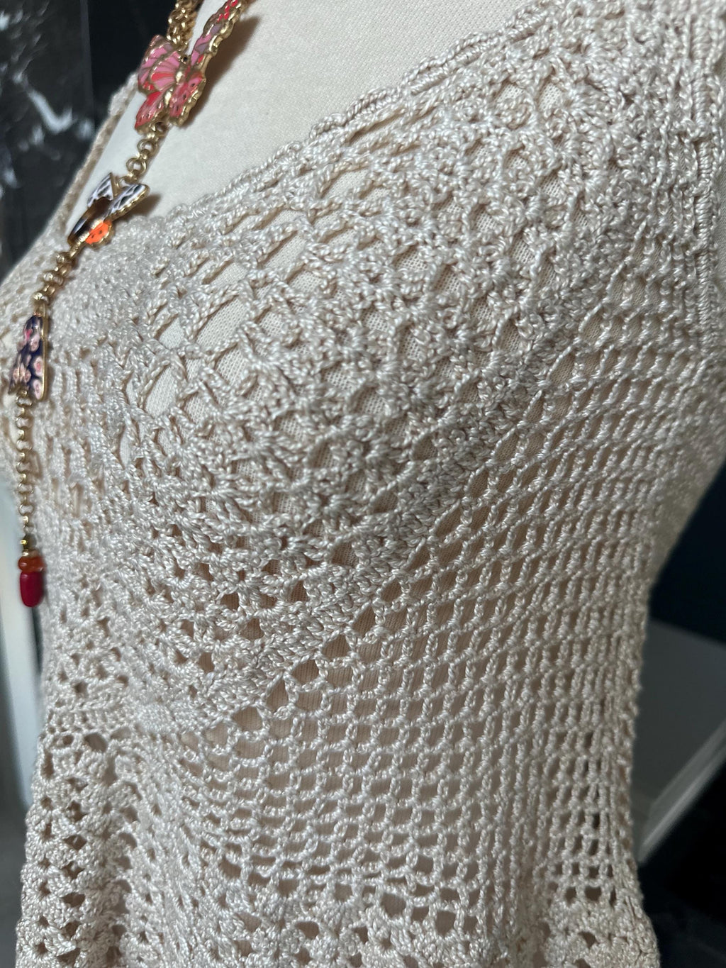 Hand Crocheted Beige Tank Top – Boho Lace Knit Sleeveless Peplum Shirt