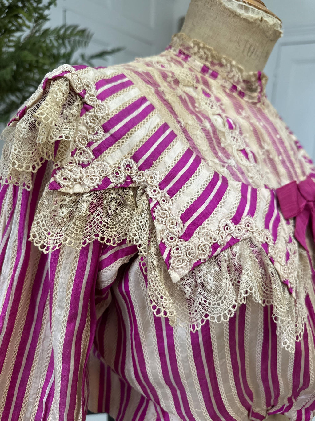 Edwardian Hot Pink Striped Silk Bodice with Lace