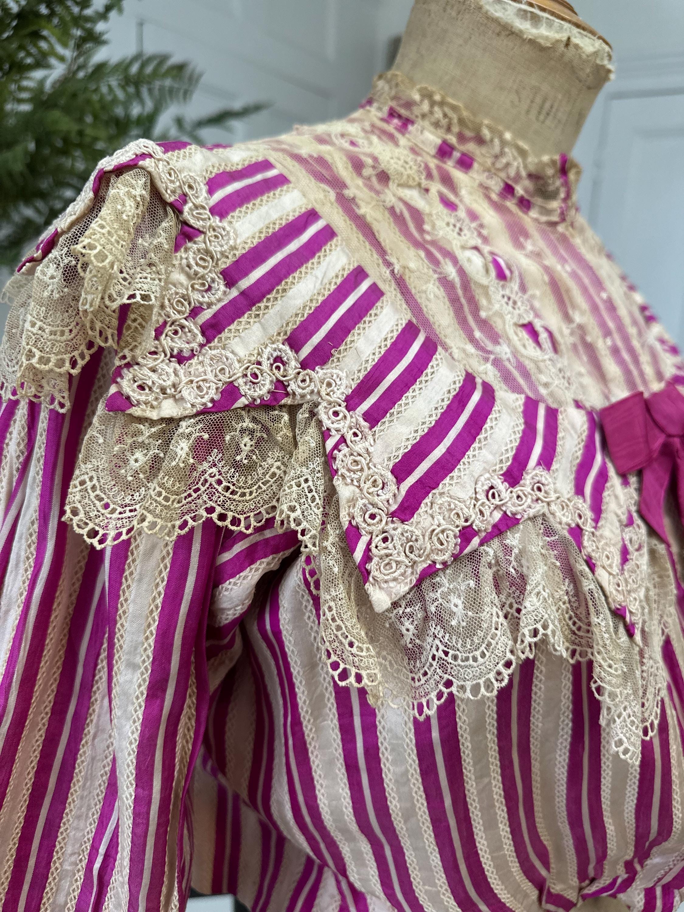 Edwardian Hot Pink Striped Silk Bodice with Lace