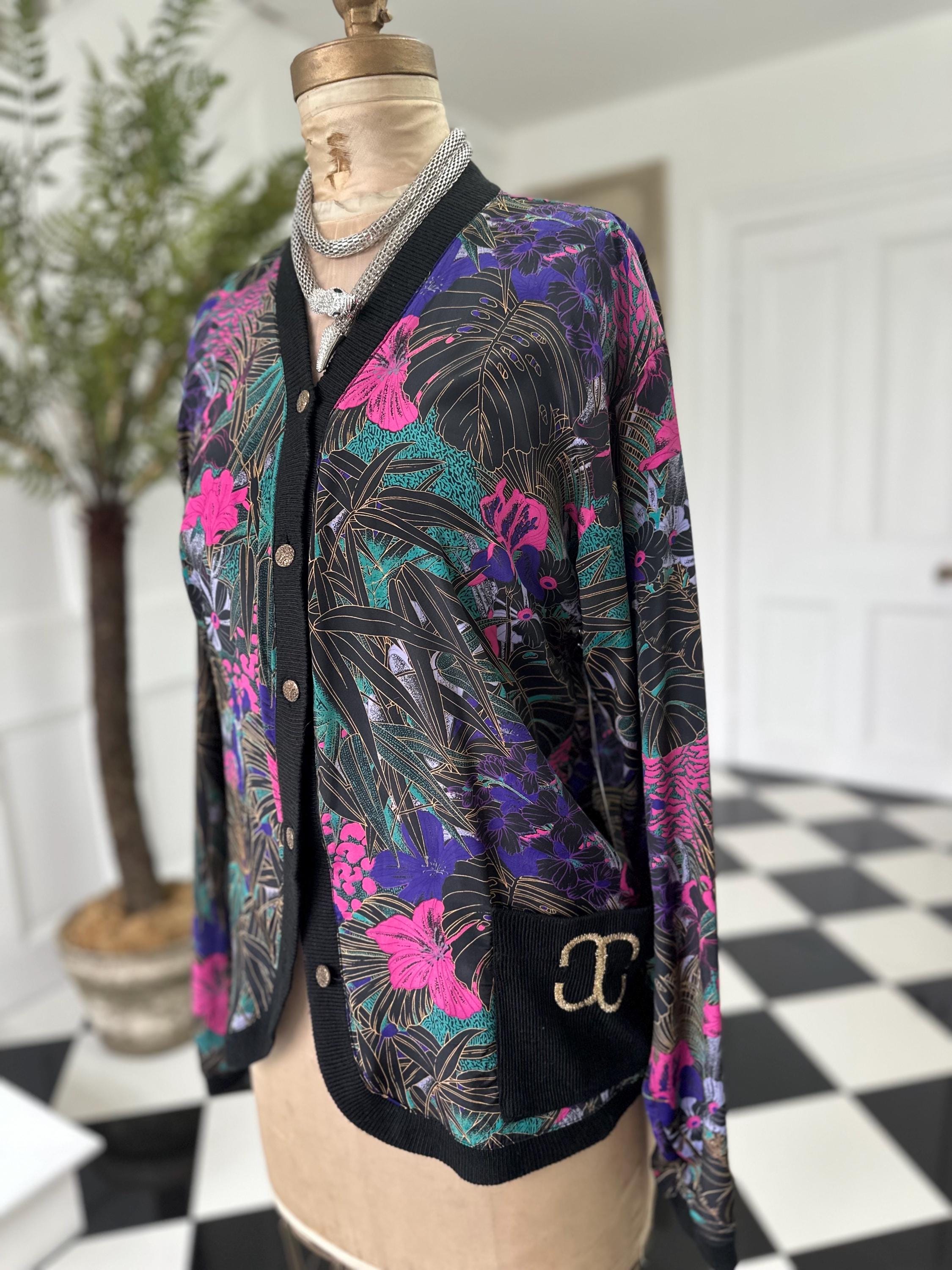 1980s Black Blouse Cardigan with Tropical Pattern