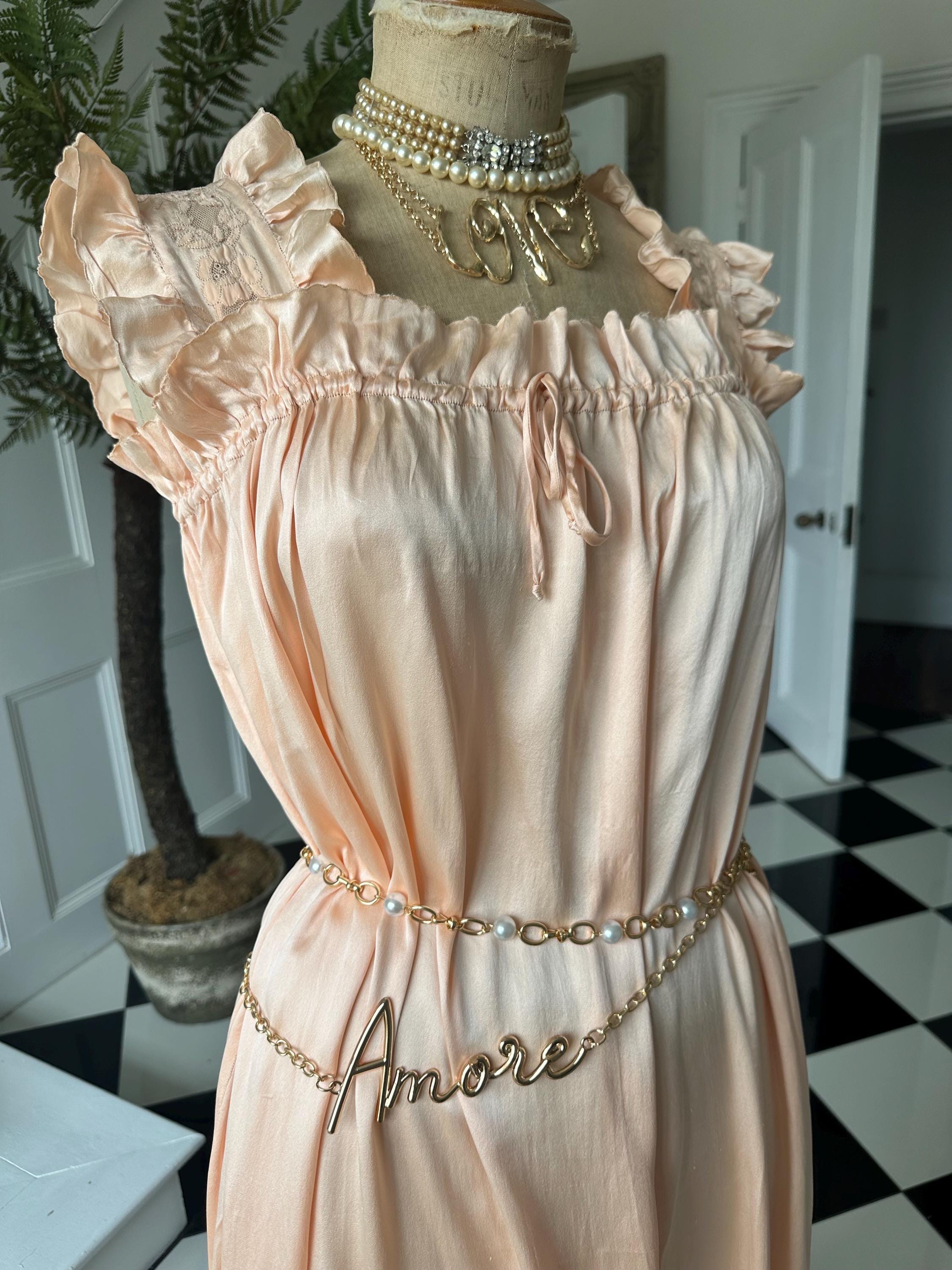 Vintage 1930s 40s  peach Silk smock slip dress hand embroidery and ruffle trimming