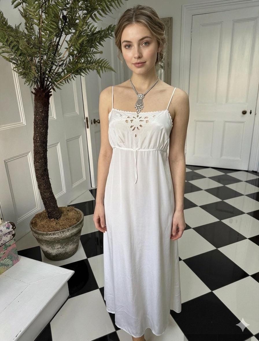 1970 long sexy slip dress with cutout lace details in off white