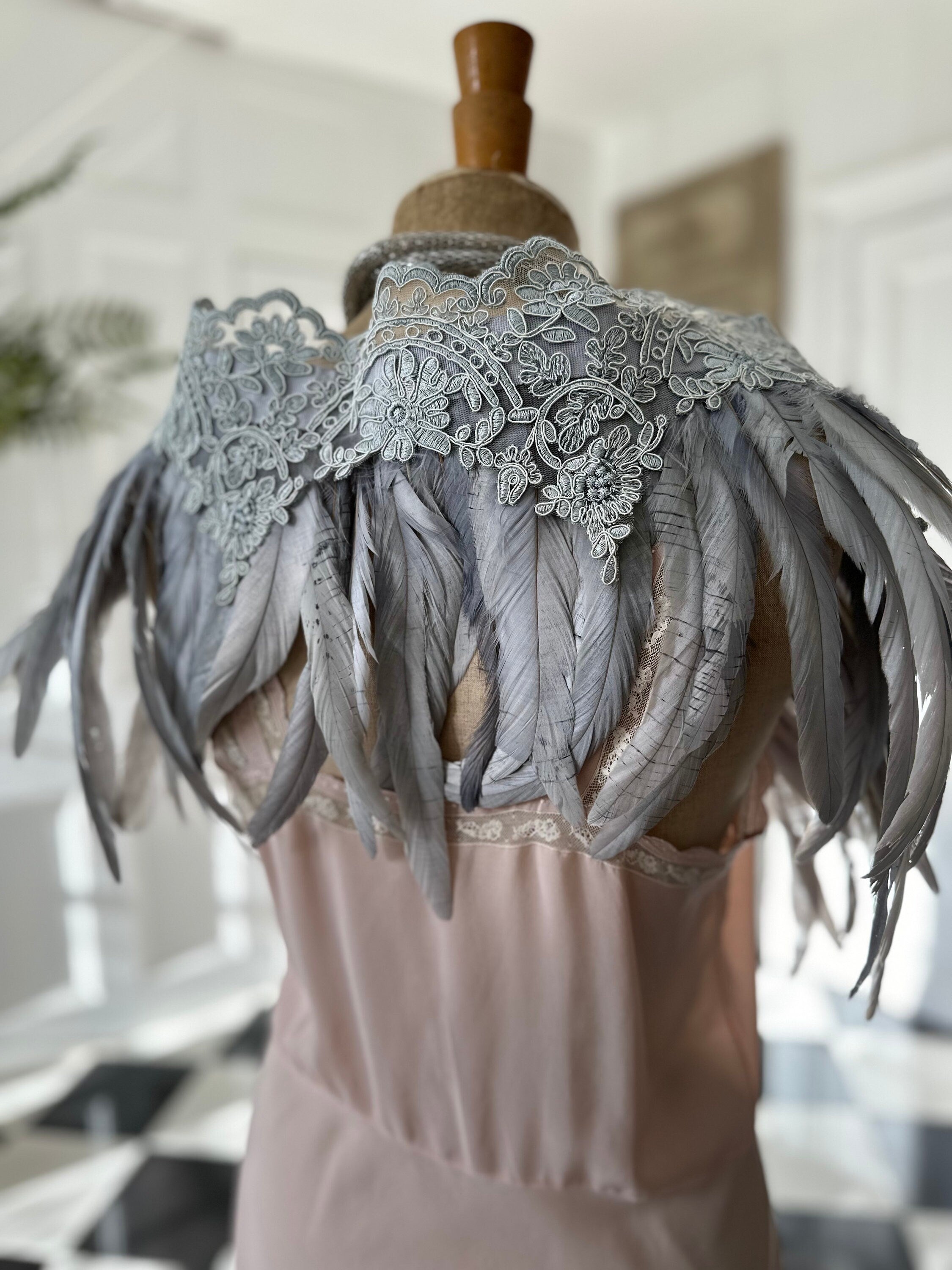 1920s 1930s Vintage style grey feather and lace cape bolero