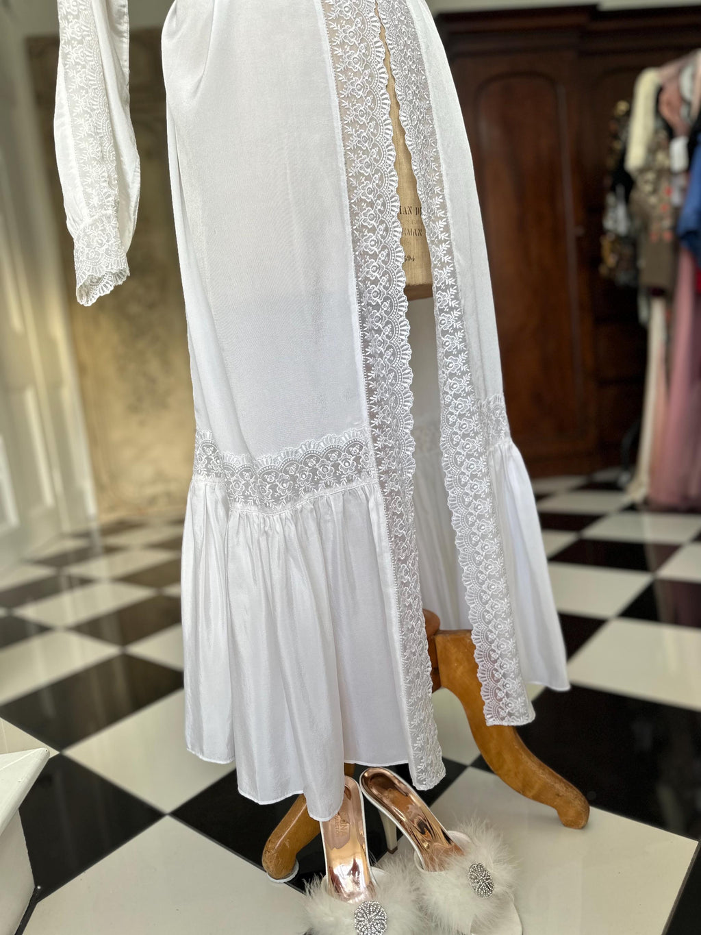 1970s Silky white long gown with lace details