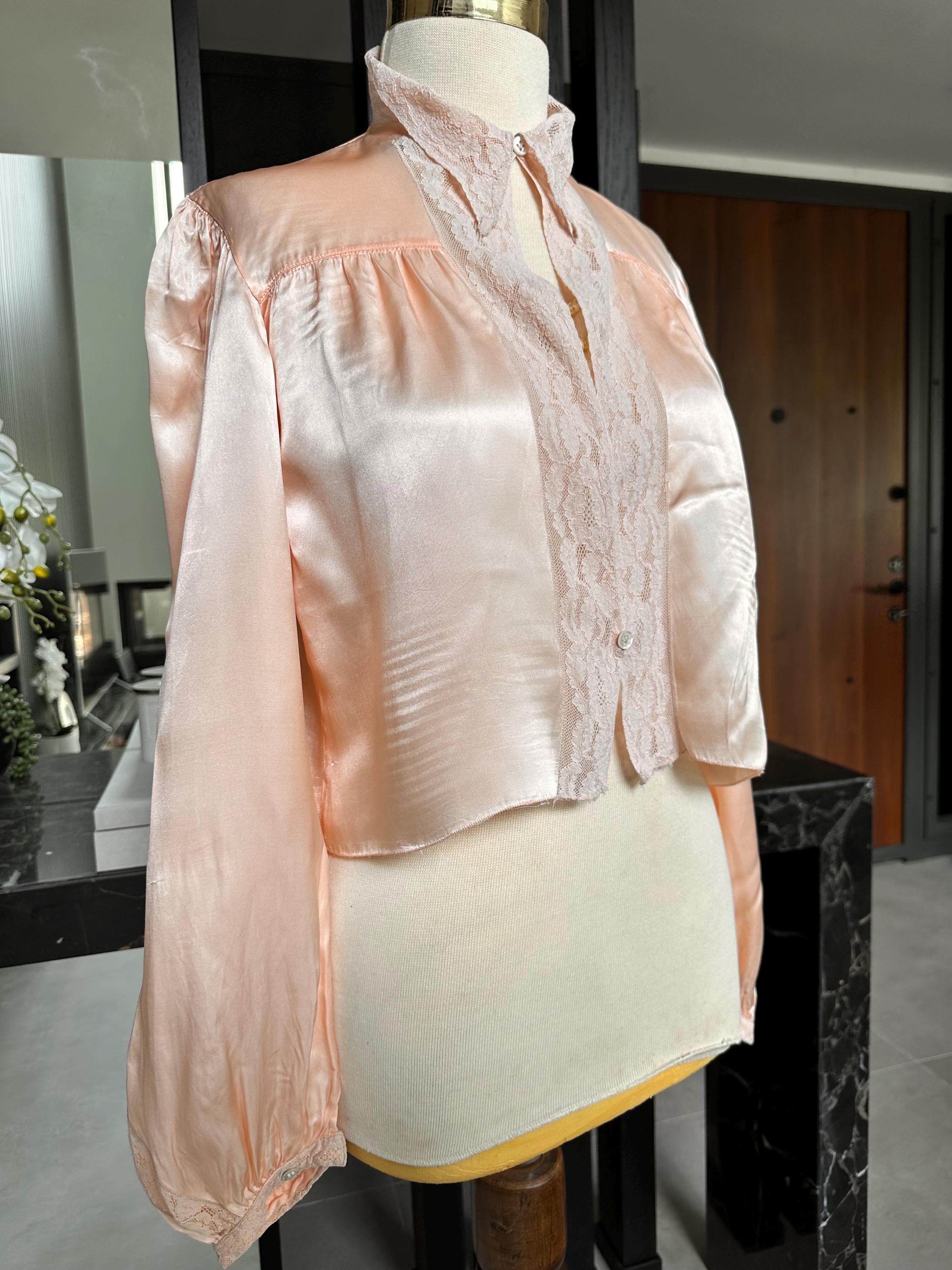 Antique 1930s Peach Silk Satin Bed Jacket – Authentic with Lace Trim Boler