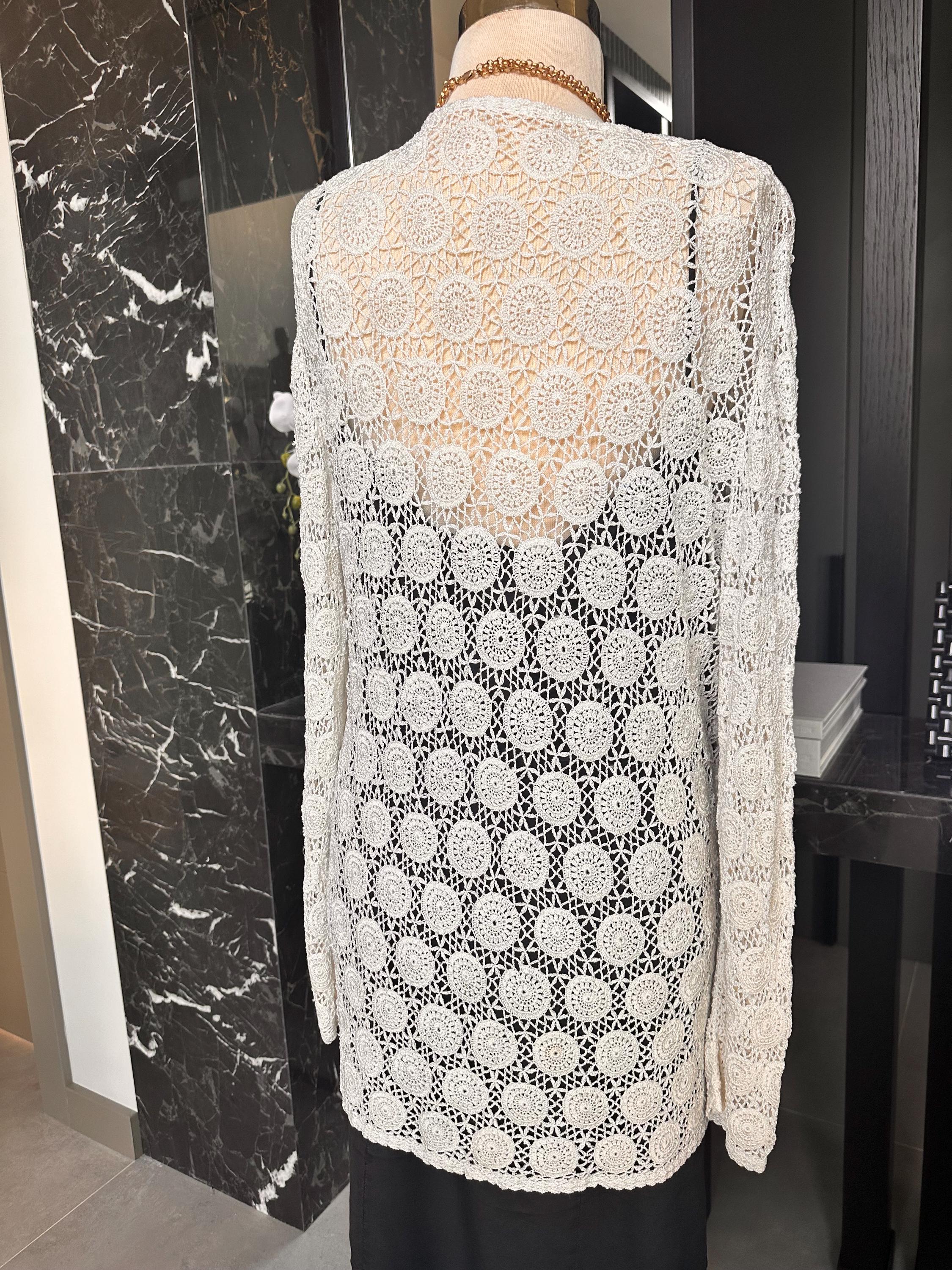 Hand Crocheted White Cardigan – Boho Medallion Lace Jacket, Cotton Blend Summer Knitwear