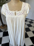 Vintage 1970s muslin long dress with hand embroidery in mauve and cream