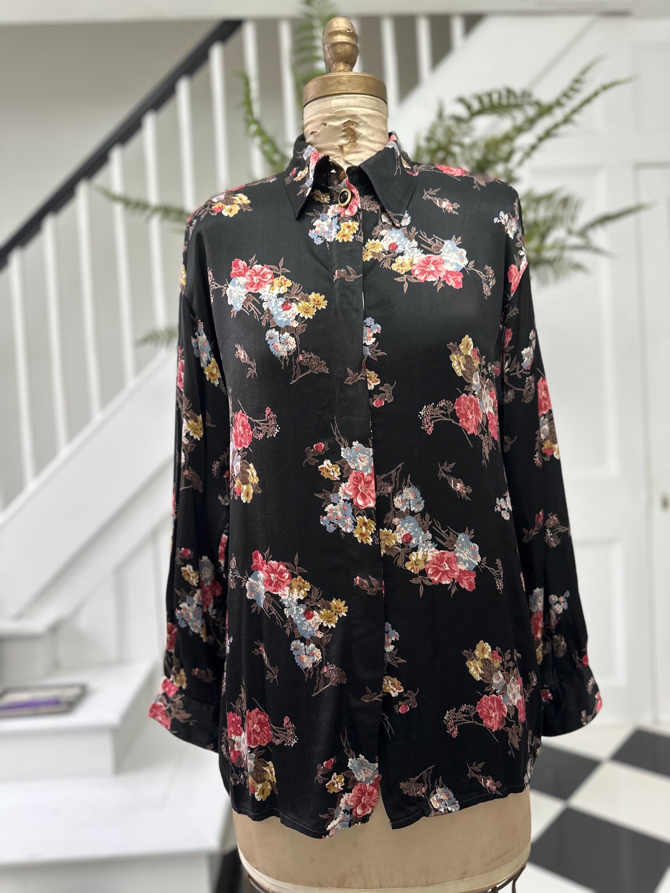 1980s Satin Black Floral Long Sleeve Blouse Vintage Chic