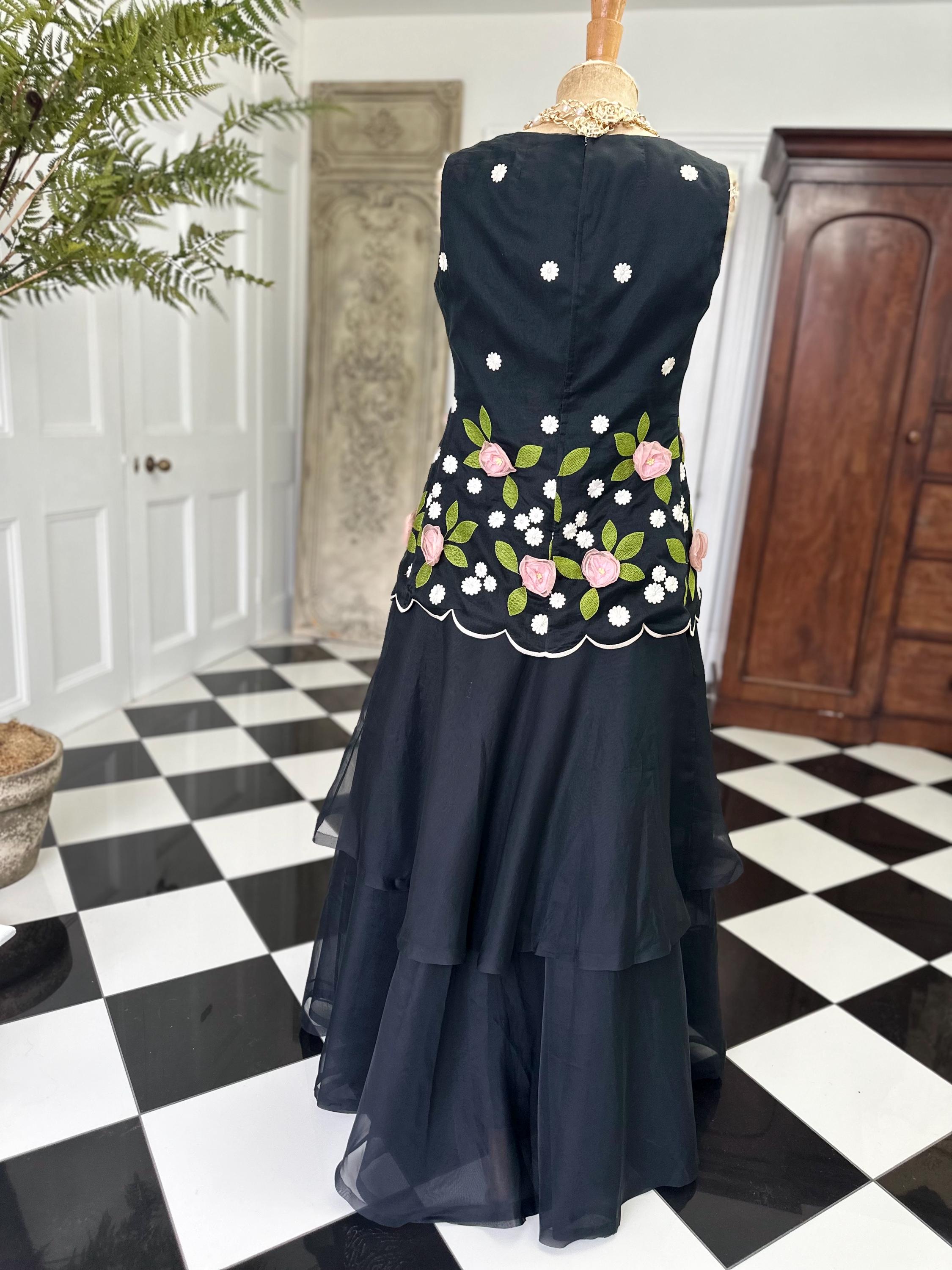 Vintage 1950s silk organdie 2 piece set 3D floral blouse with tiered skirt