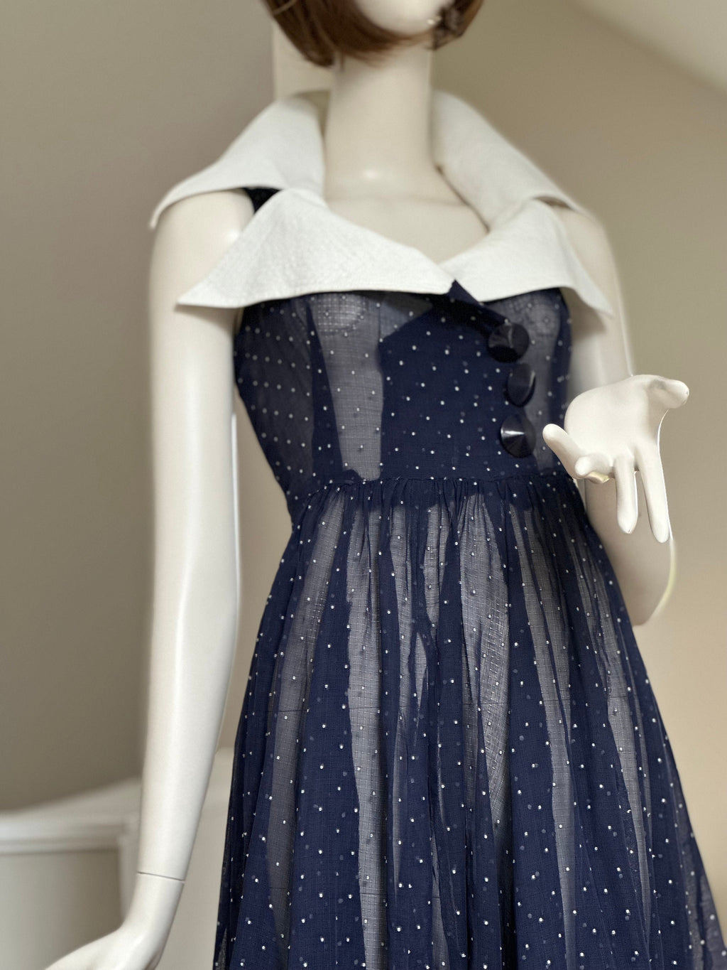 1940s Muslin Navy and white polka dot full skirt dress with extra large collar