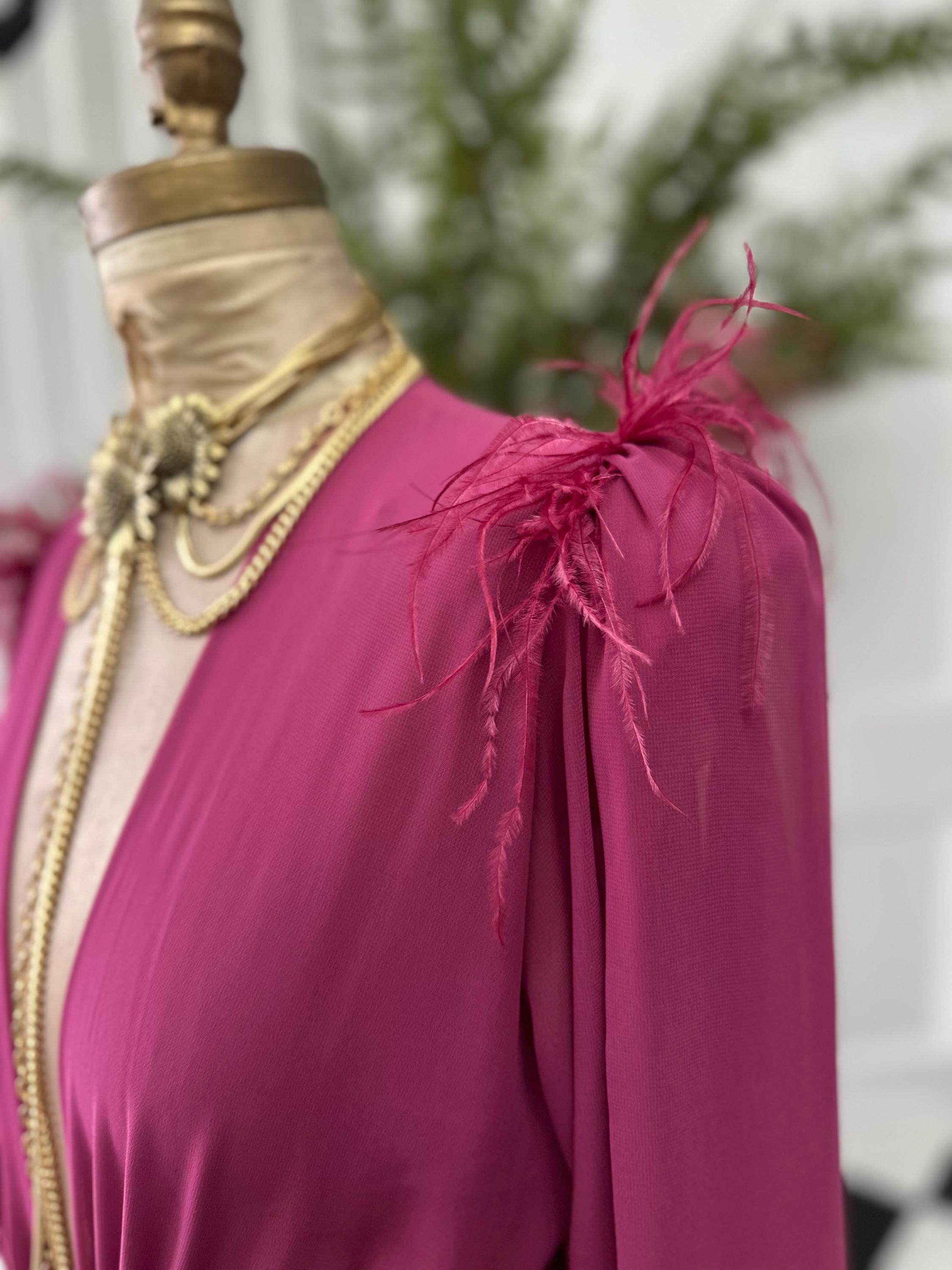 Vintage 1940s style pink maxi gown robe with ostrich feather