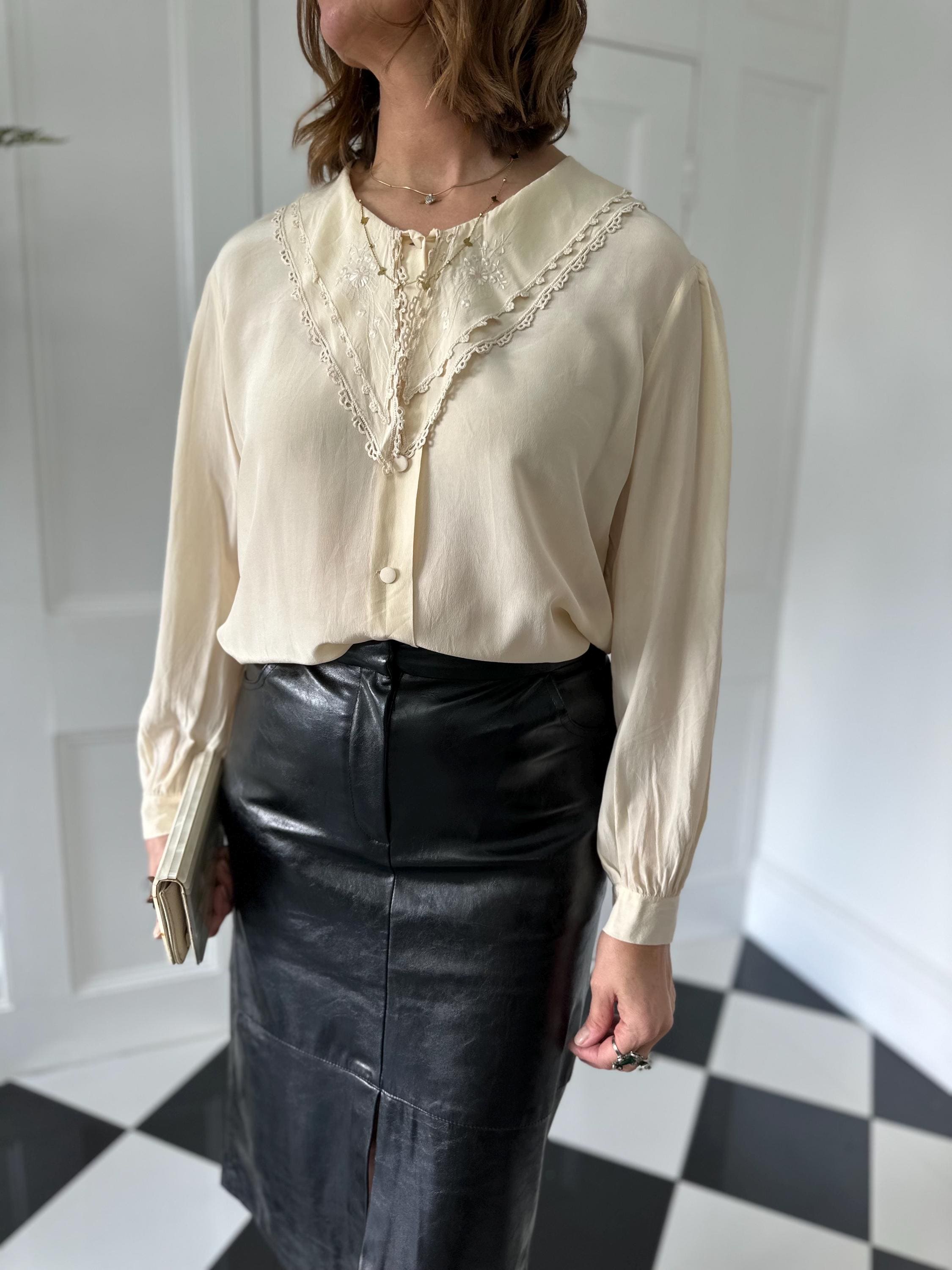 Vintage cream silk blouse with hand embroidery detail
