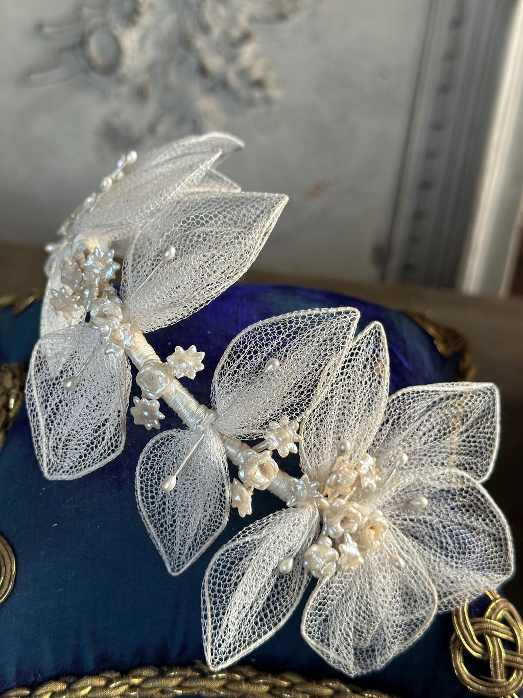 Antique 1940s  Floral Wax Tiara with tulle