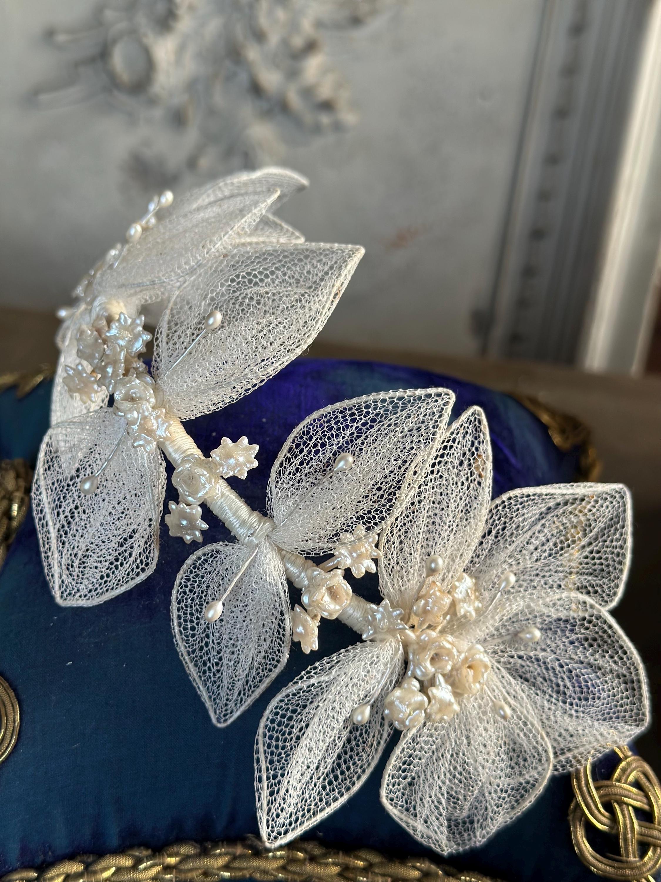 Antique 1940s  Floral Wax Tiara with tulle