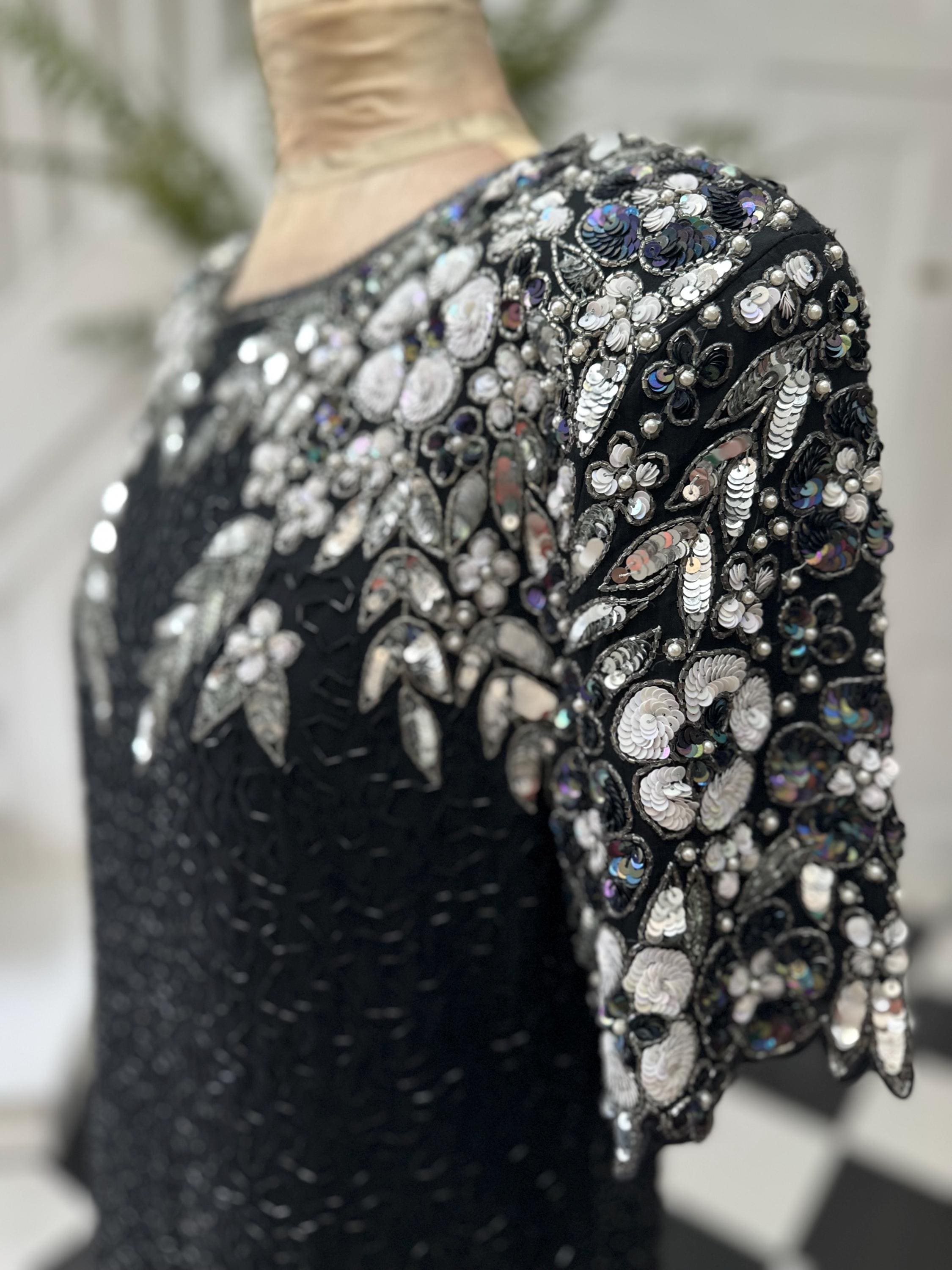 1980s black and silver beaded black tie party dress