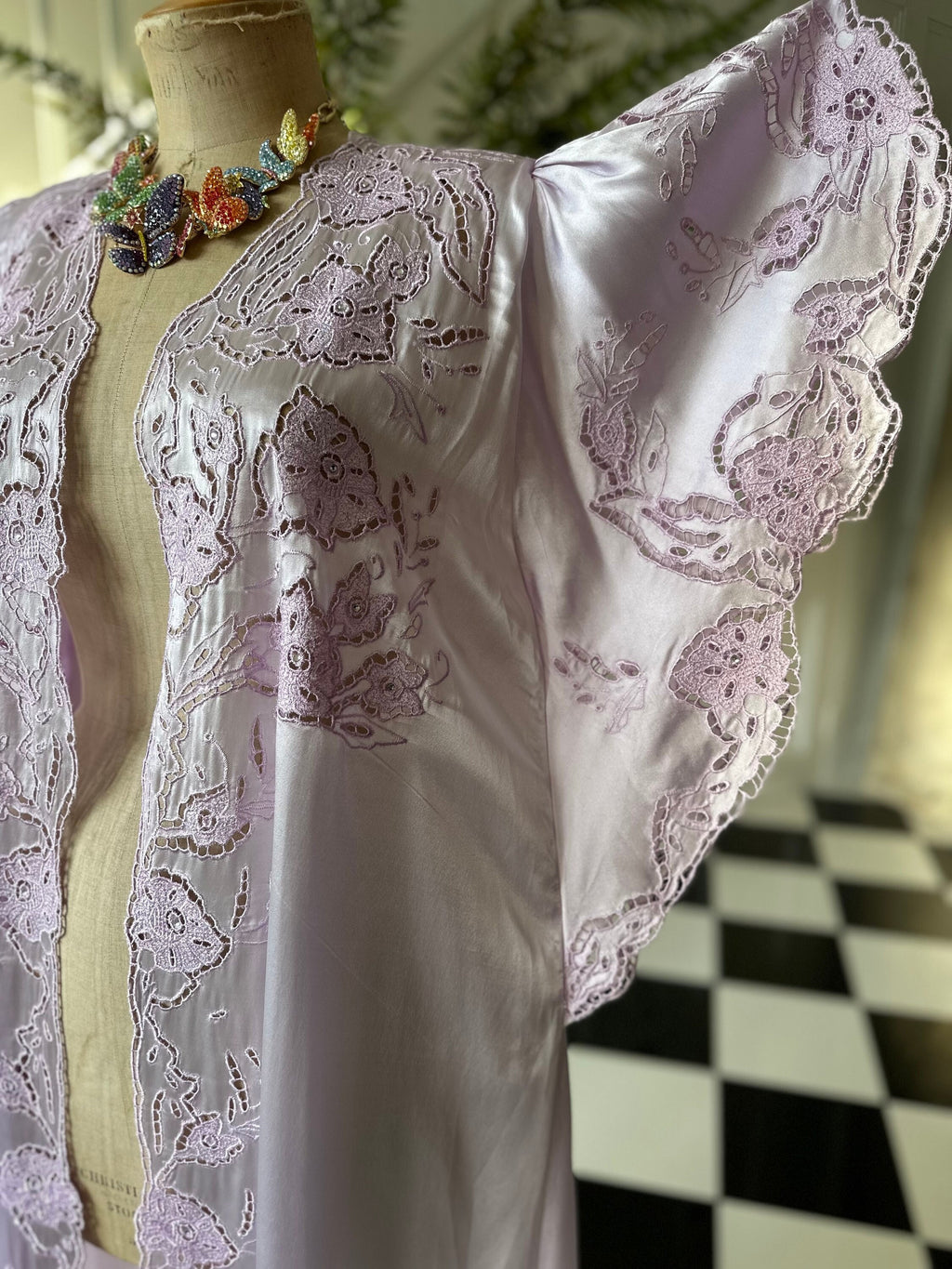 Vintage Lilac Satin Peignoir: 1980s Cutout Lace Robe