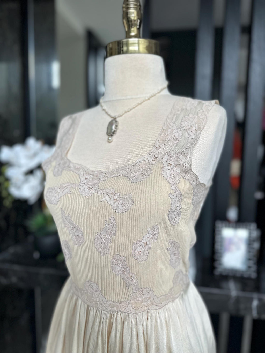 1930s Liquid Silk Maxi Gown: Antique Lace, Embroidery, Old Hollywood Style