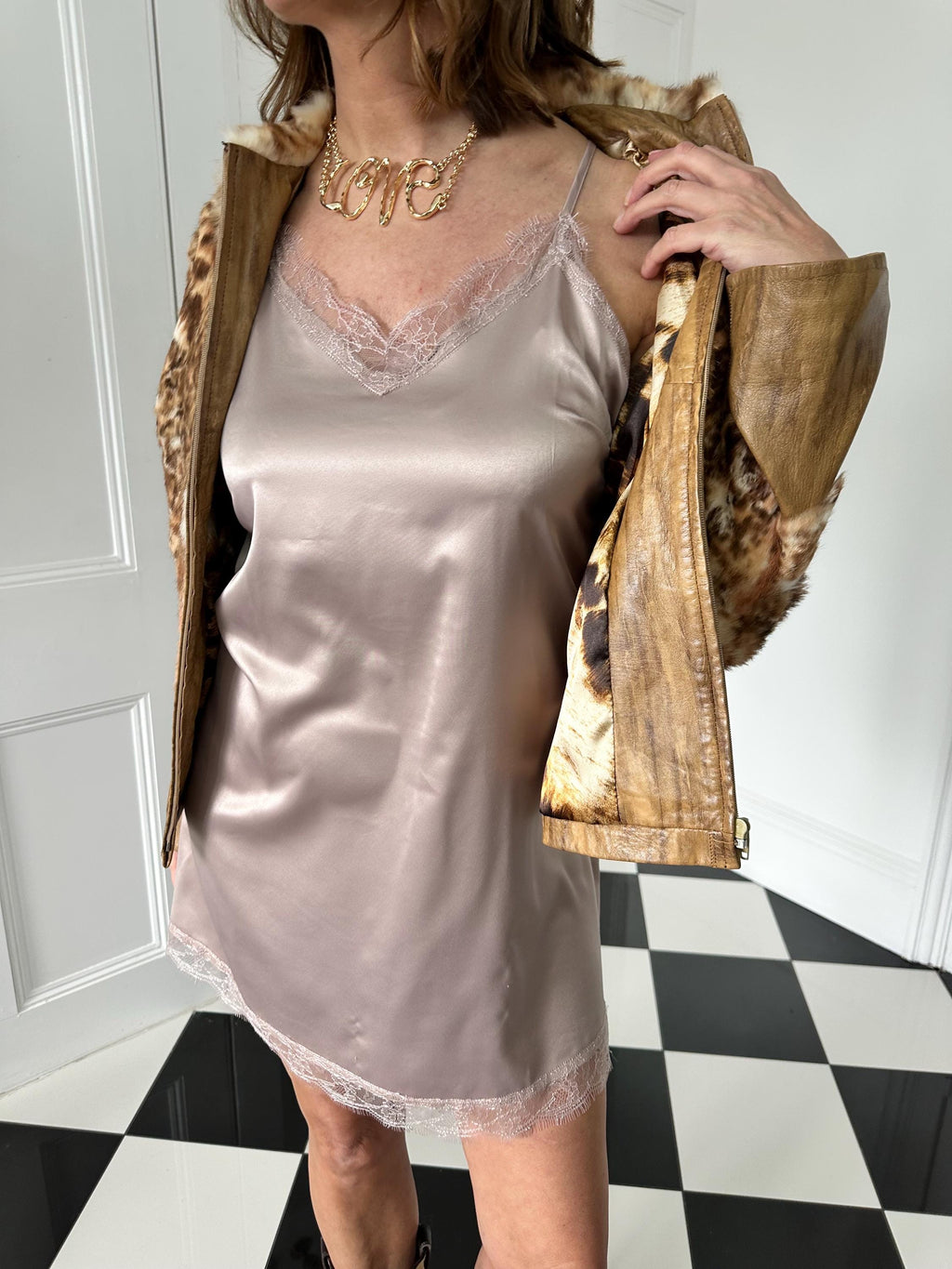Vintage silk satin slip dress with eyelash lace trim dusty rose mauve lingerie slip