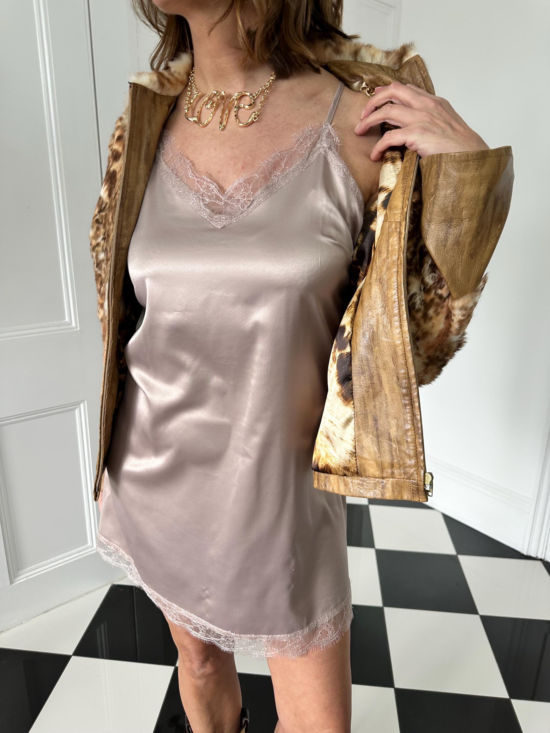 Vintage silk satin slip dress with eyelash lace trim dusty rose mauve lingerie slip